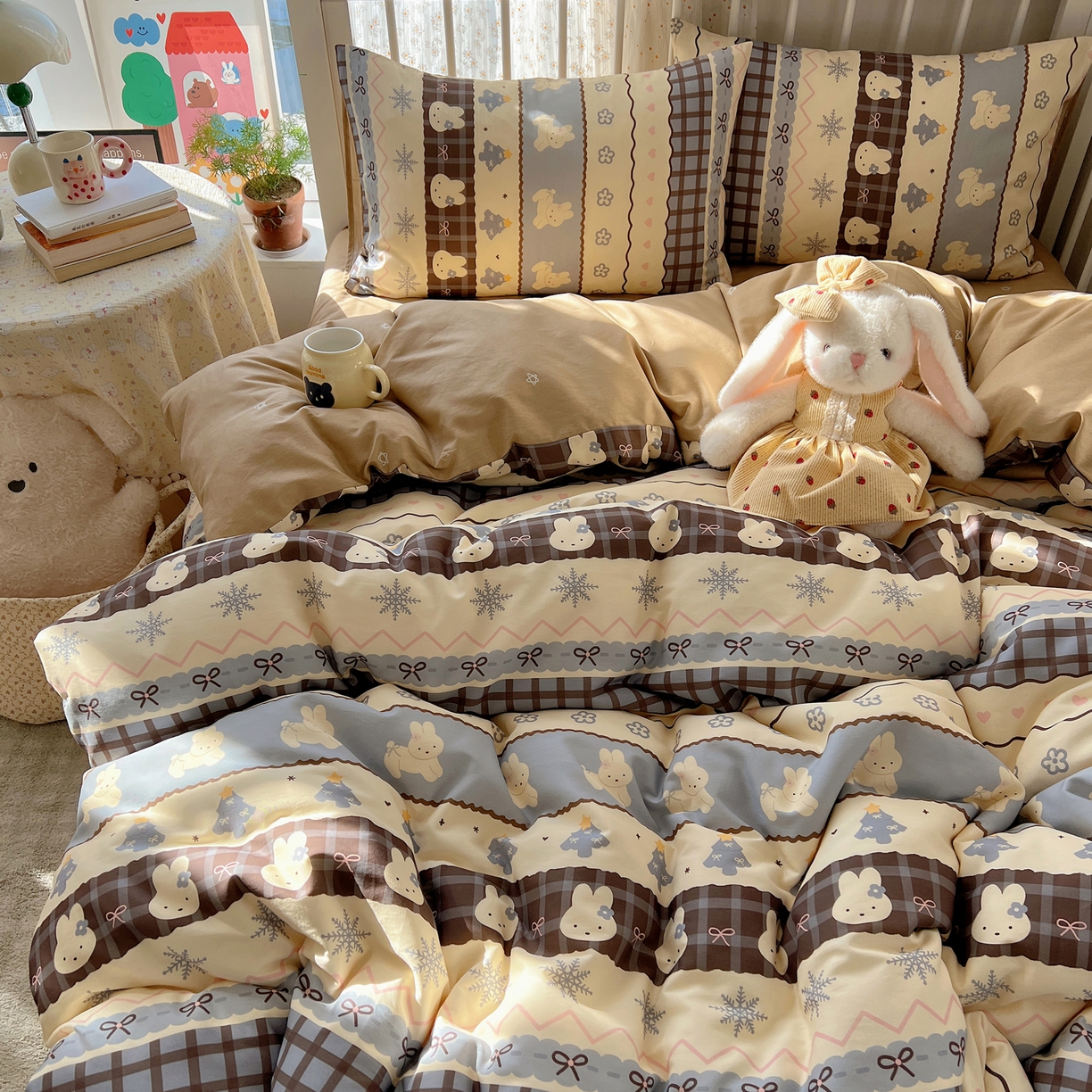 91家纺网 家纺一手货源 找家纺 桃喜 2026春夏新品全棉卡通学生三件套四件套 费尔岛小兔