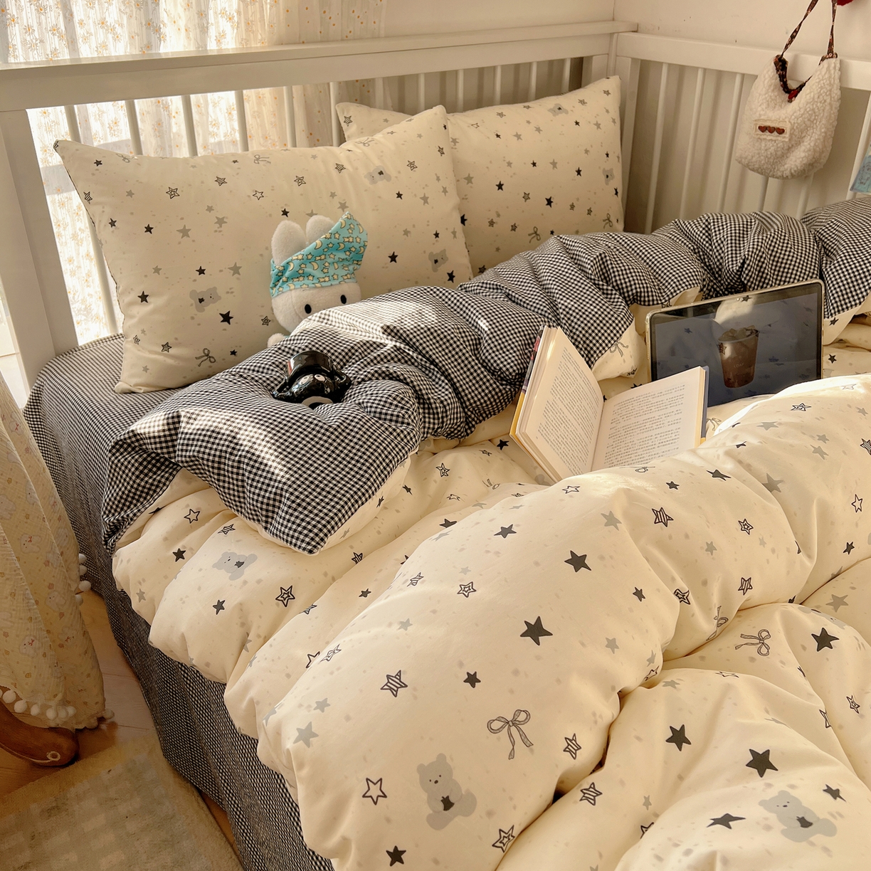 桃喜 2026春夏新品全棉卡通学生三件套四件套 黑白星星熊