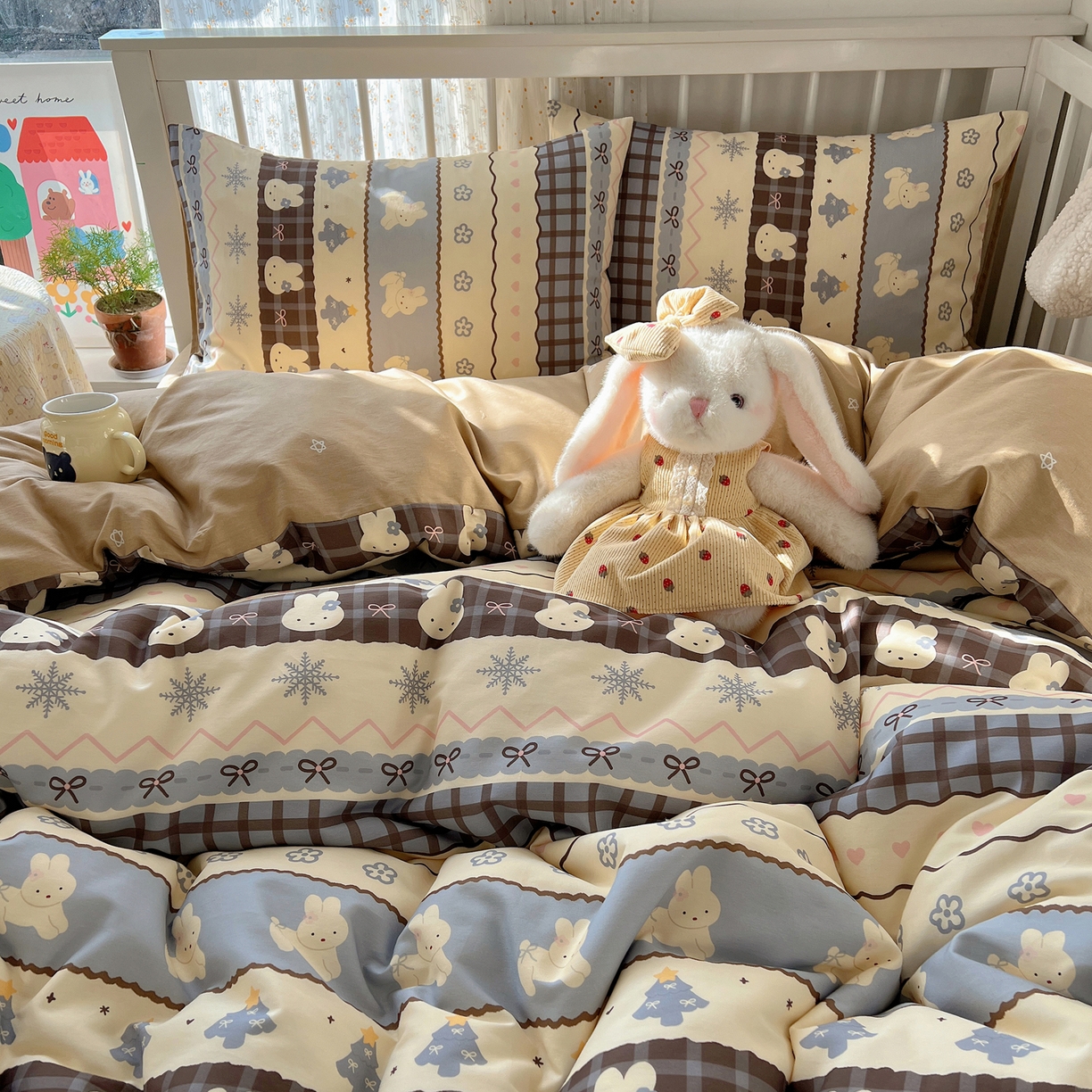 91家纺网 家纺一手货源 找家纺 桃喜 2026春夏新品全棉卡通学生三件套四件套 费尔岛小兔