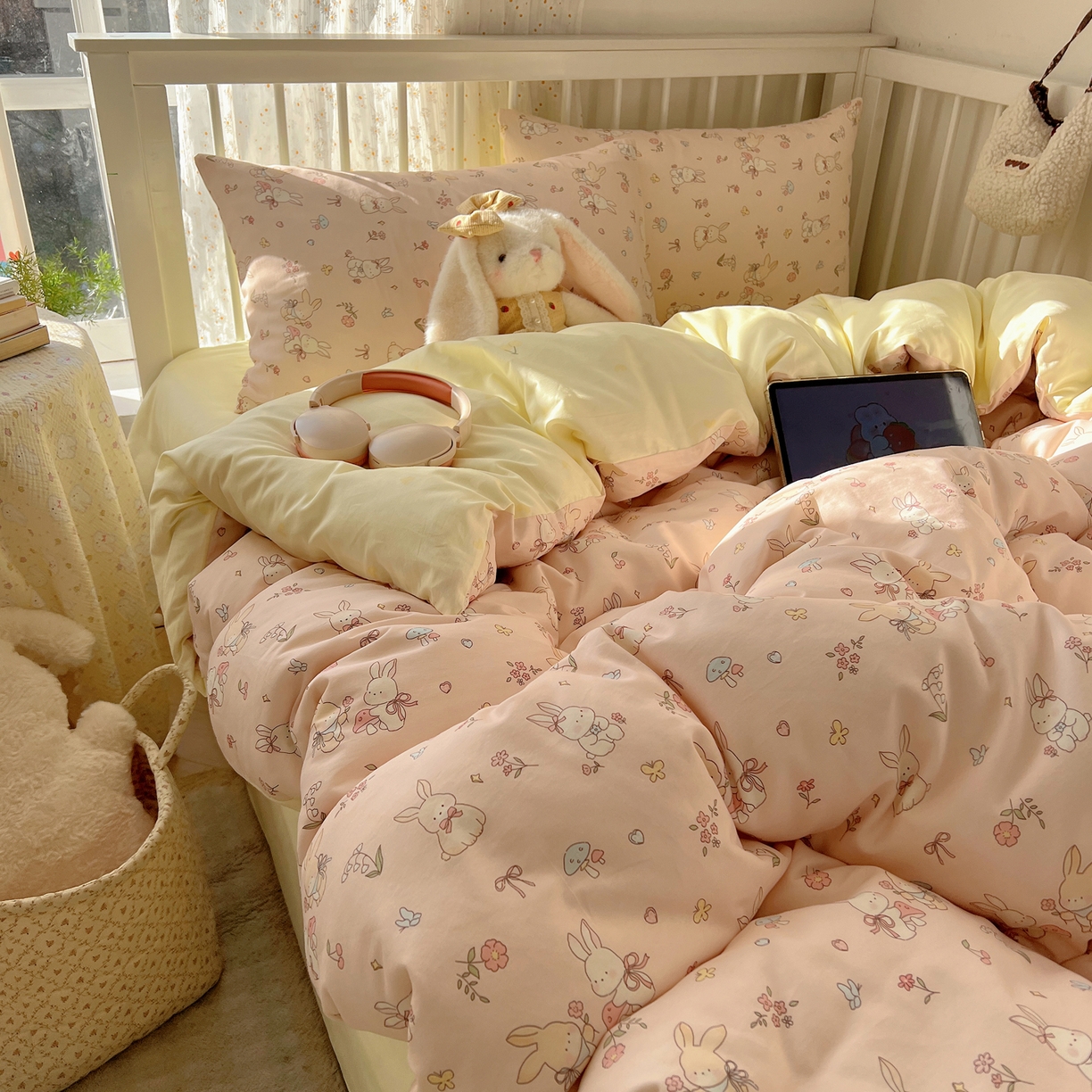 桃喜 2026春夏新品全棉卡通学生三件套四件套 碎花小兔