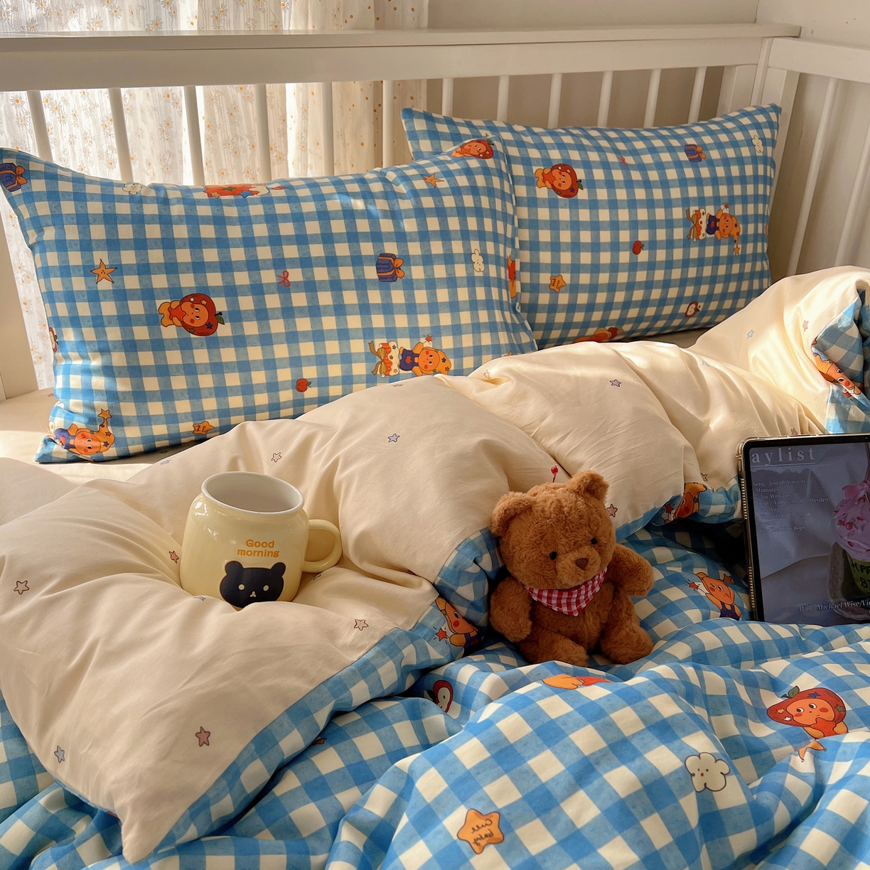 91家纺网 家纺一手货源 找家纺 桃喜 2026春夏新品全棉卡通学生三件套四件套 蓝格小星星