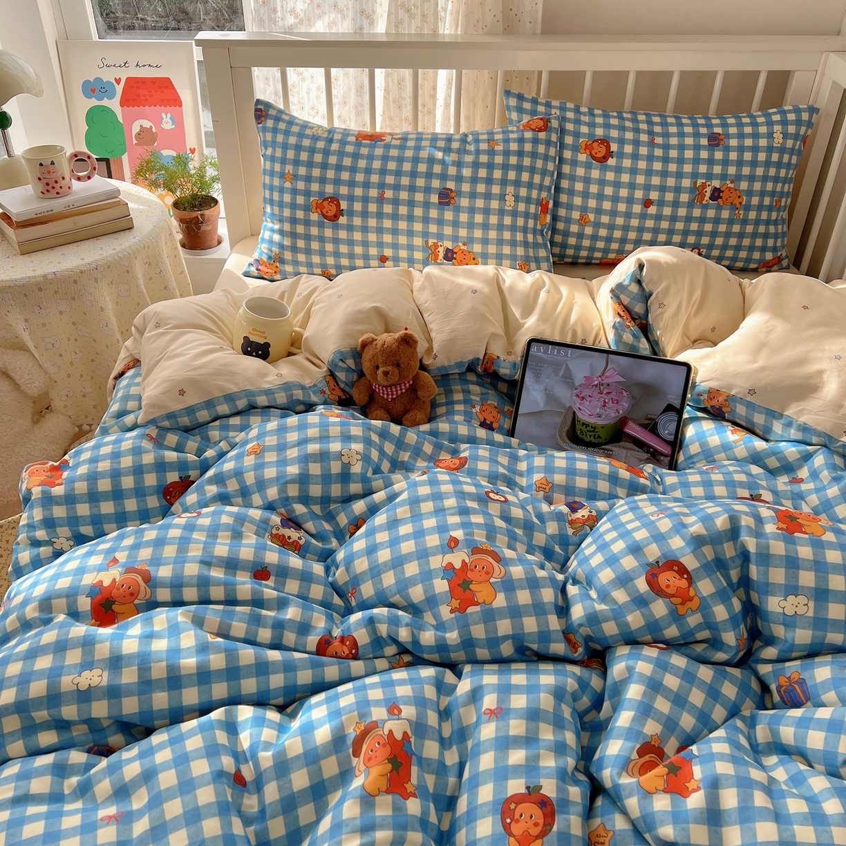 91家纺网 家纺一手货源 找家纺 桃喜 2026春夏新品全棉卡通学生三件套四件套 蓝格小星星