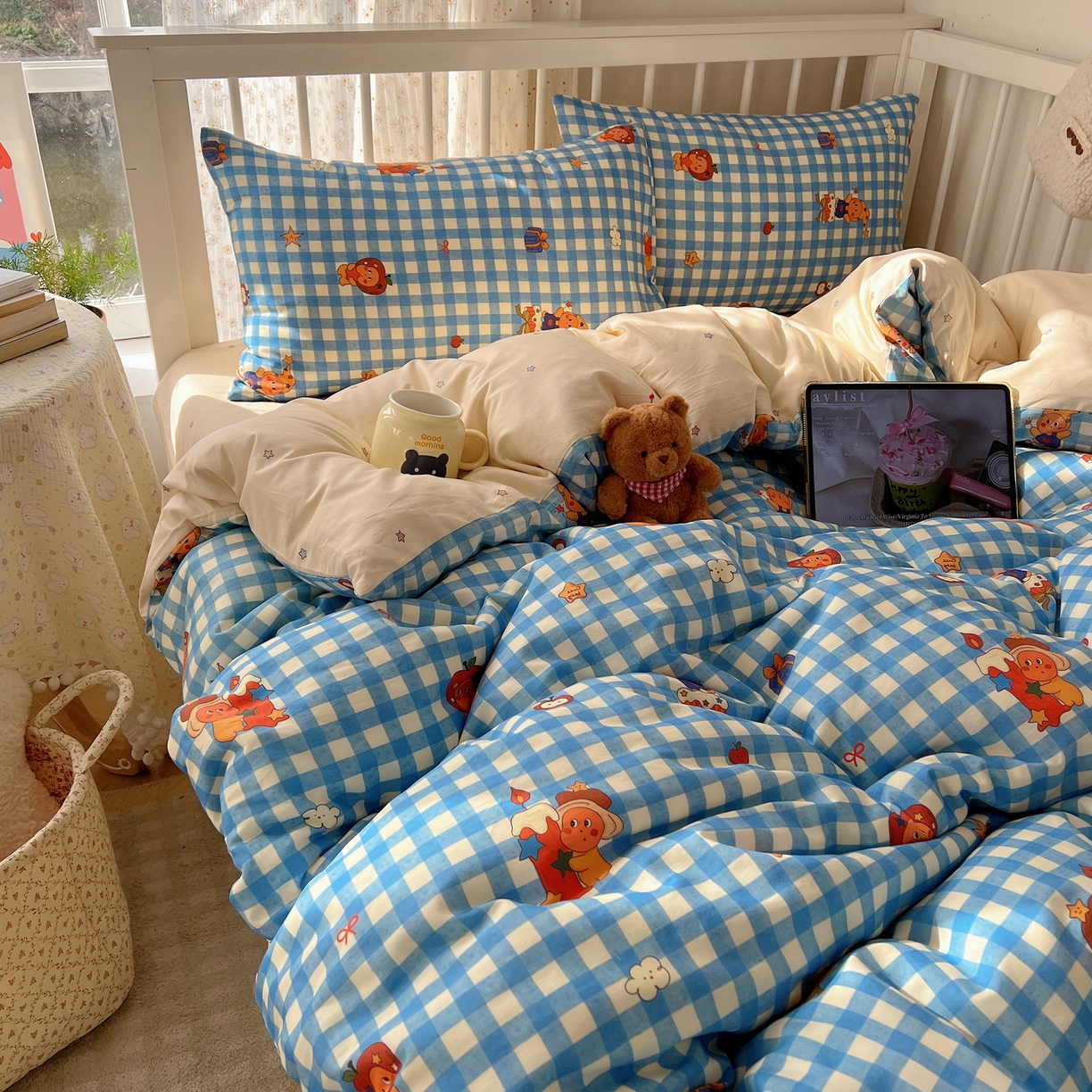 91家纺网 家纺一手货源 找家纺 桃喜 2026春夏新品全棉卡通学生三件套四件套 蓝格小星星