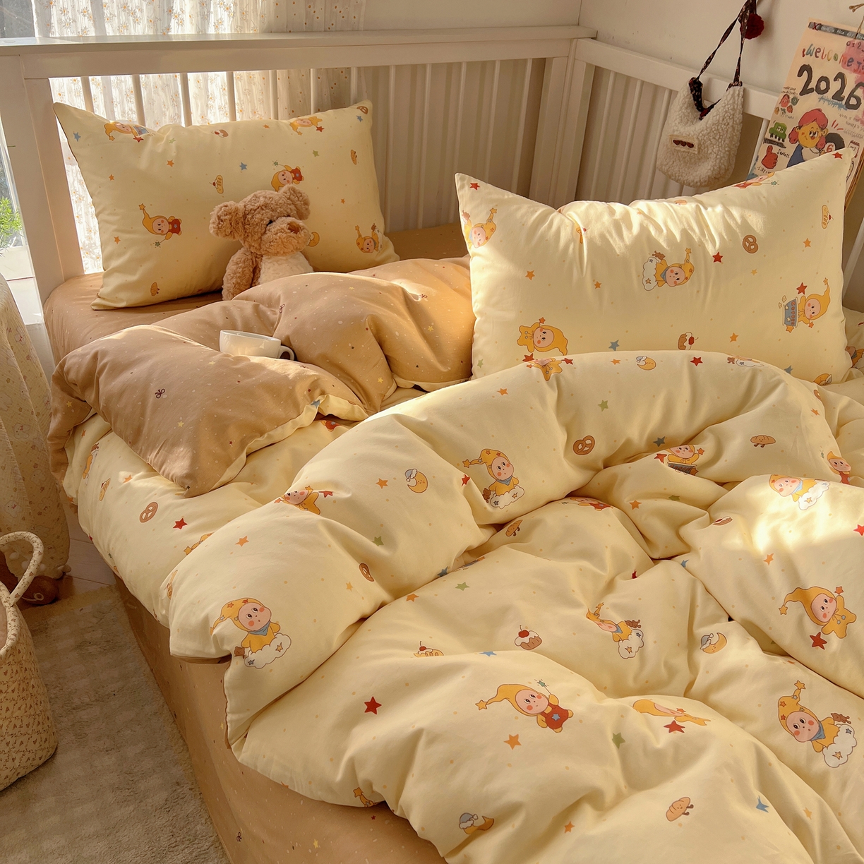 91家纺网 家纺一手货源 找家纺 桃喜 2026春夏新品全棉卡通学生三件套四件套 小星星