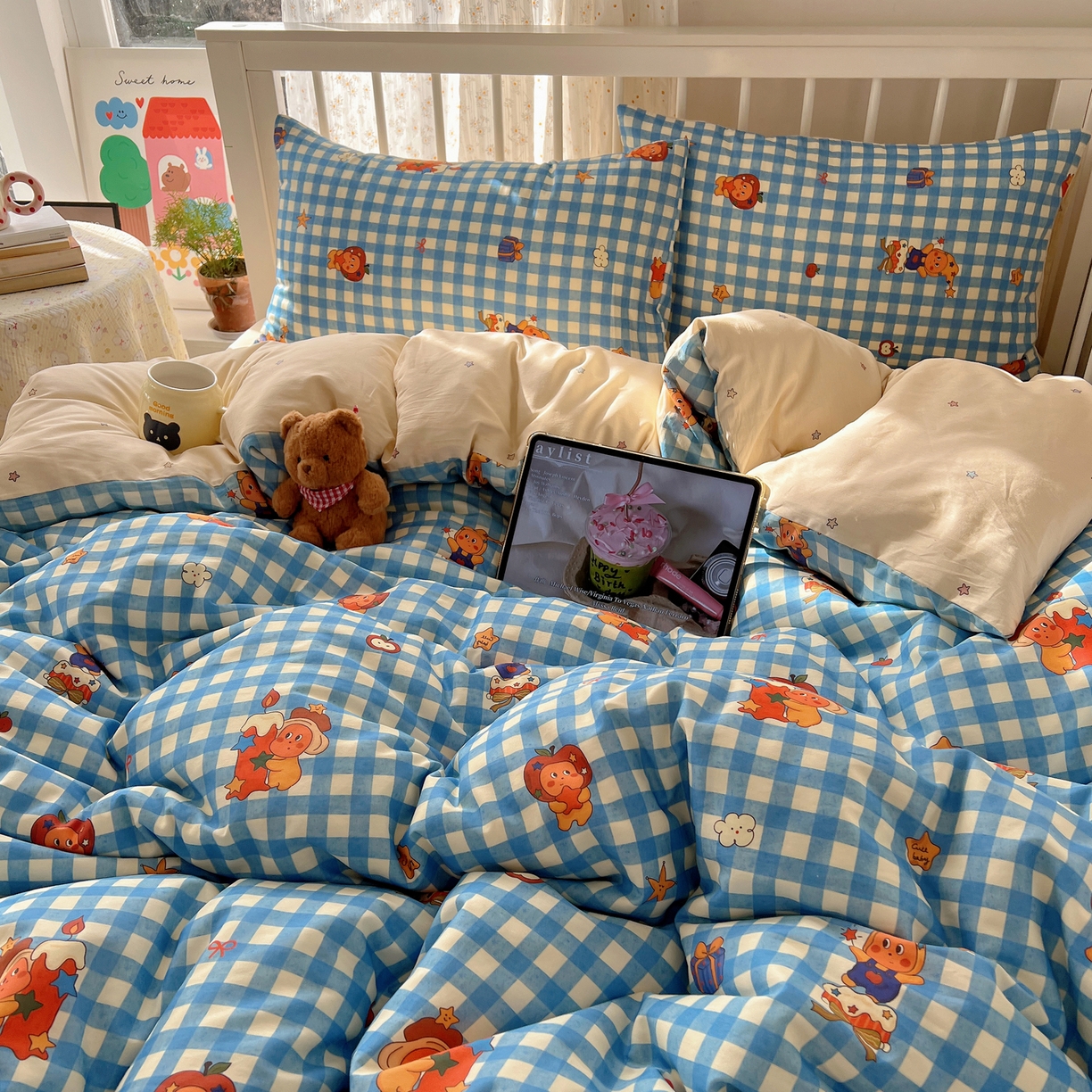 91家纺网 家纺一手货源 找家纺 桃喜 2026春夏新品全棉卡通学生三件套四件套 蓝格小星星