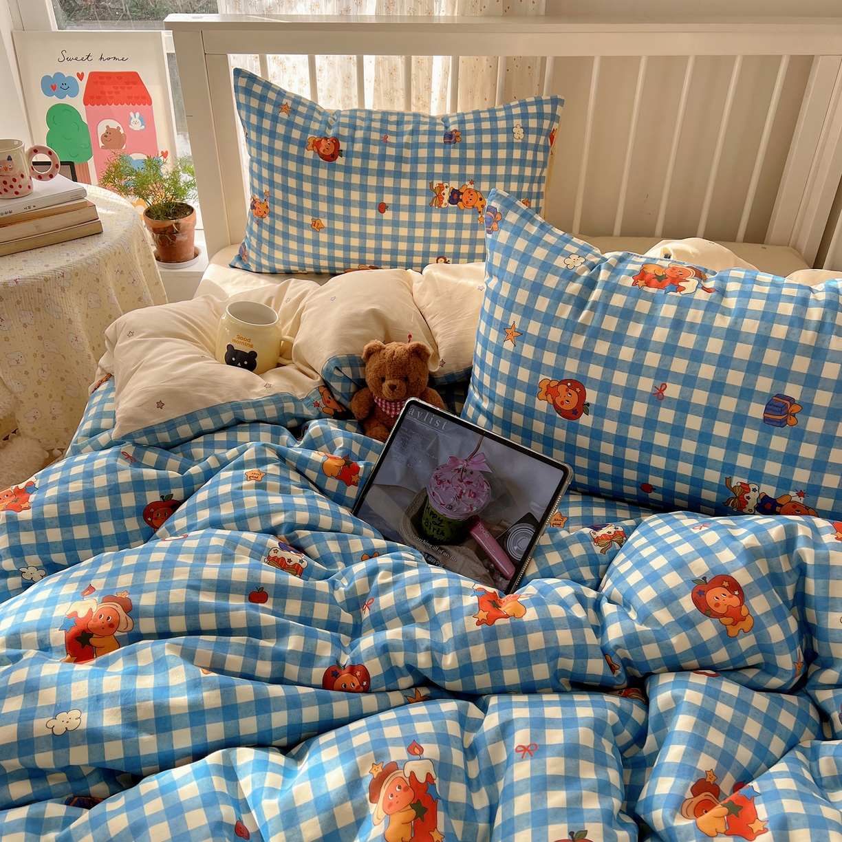 91家纺网 家纺一手货源 找家纺 桃喜 2026春夏新品全棉卡通学生三件套四件套 蓝格小星星