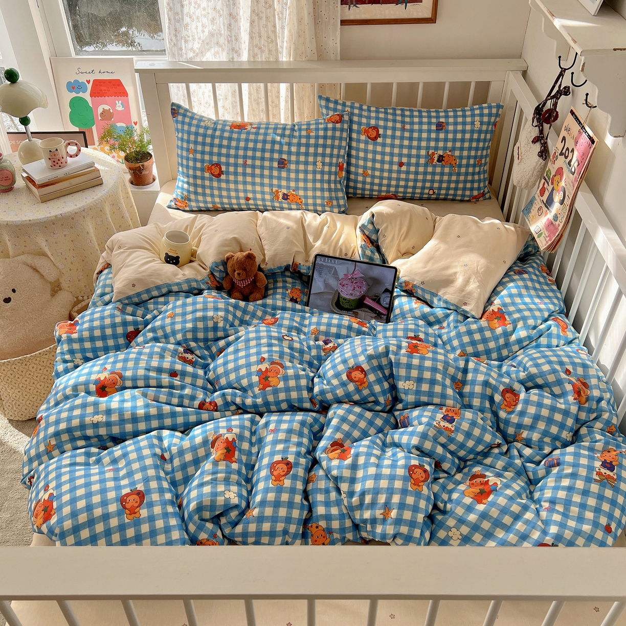 91家纺网 家纺一手货源 找家纺 桃喜 2026春夏新品全棉卡通学生三件套四件套 蓝格小星星