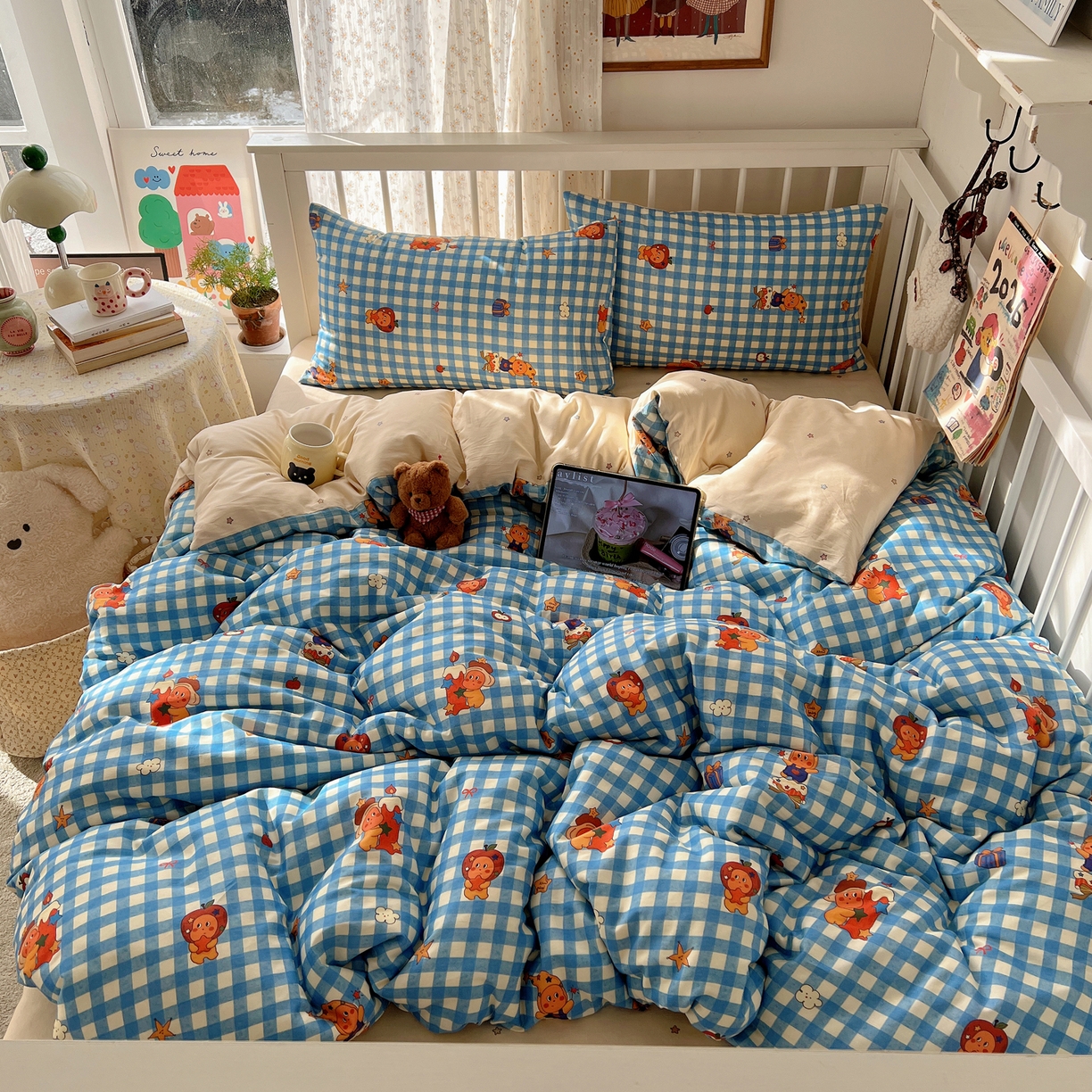 91家纺网 家纺一手货源 找家纺 桃喜 2026春夏新品全棉卡通学生三件套四件套 蓝格小星星