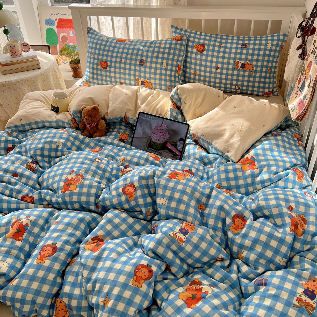 91家纺网 家纺一手货源 找家纺 桃喜 2026春夏新品全棉卡通学生三件套四件套 蓝格小星星