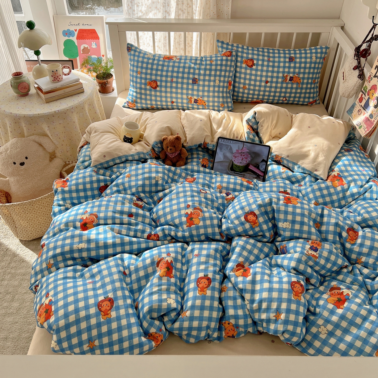 91家纺网 家纺一手货源 找家纺 桃喜 2026春夏新品全棉卡通学生三件套四件套 蓝格小星星