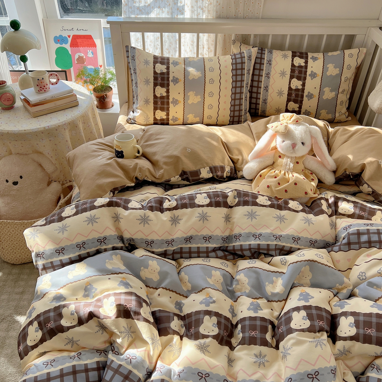 91家纺网 家纺一手货源 找家纺 桃喜 2026春夏新品全棉卡通学生三件套四件套 费尔岛小兔