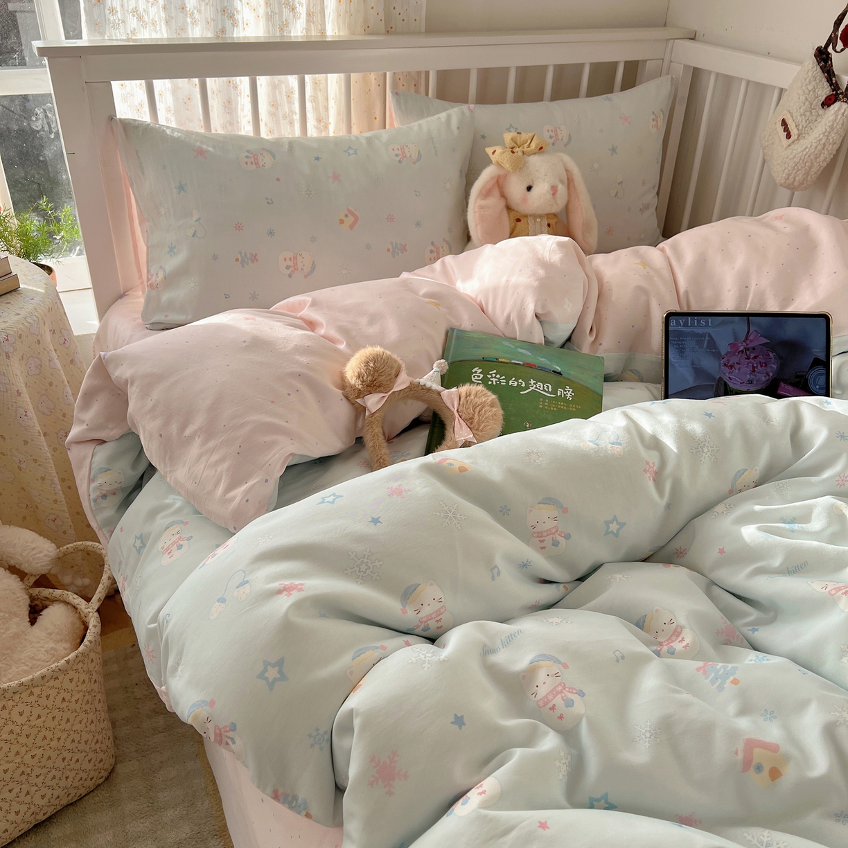 桃喜 2026春夏新品全棉卡通学生三件套四件套 雪人小猫