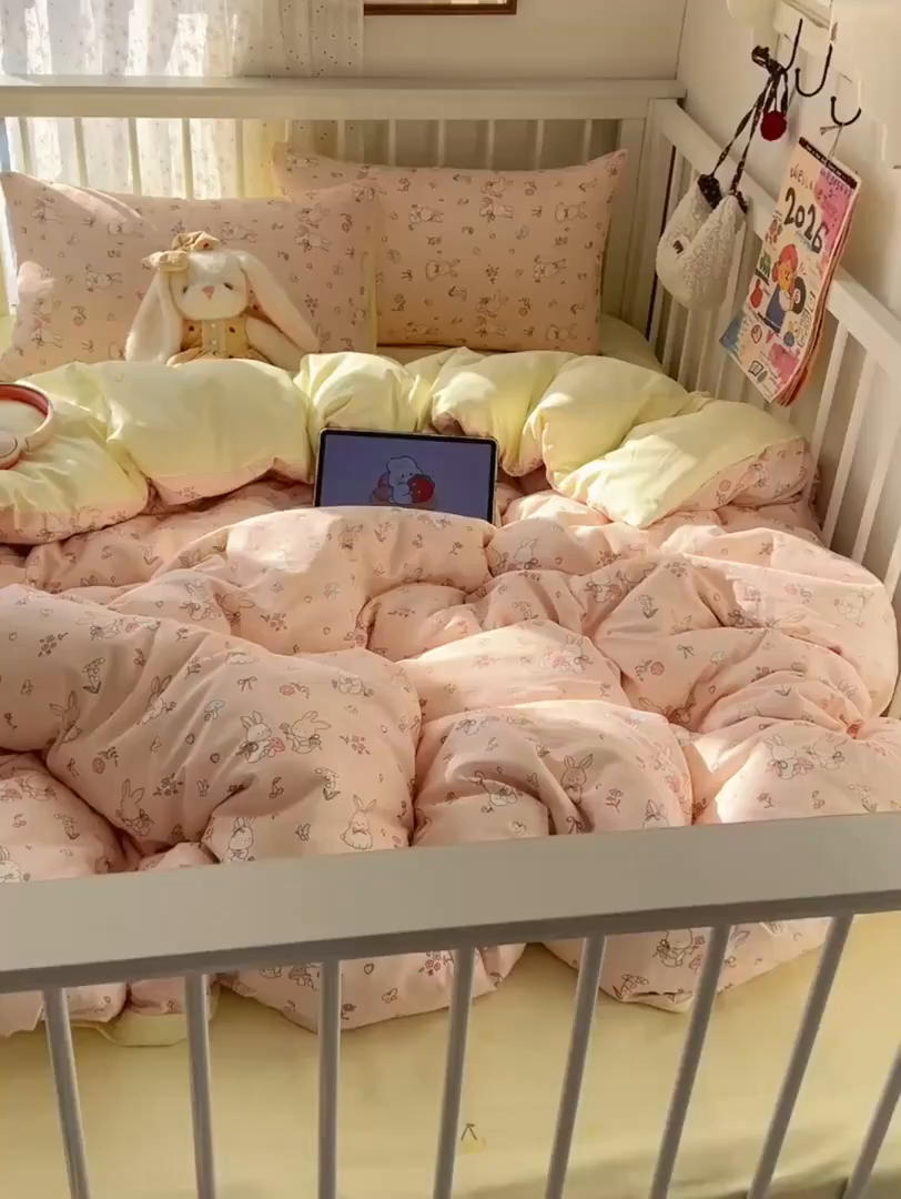 91家纺网 家纺一手货源 找家纺 桃喜 2026春夏新品全棉卡通学生三件套四件套 碎花小兔