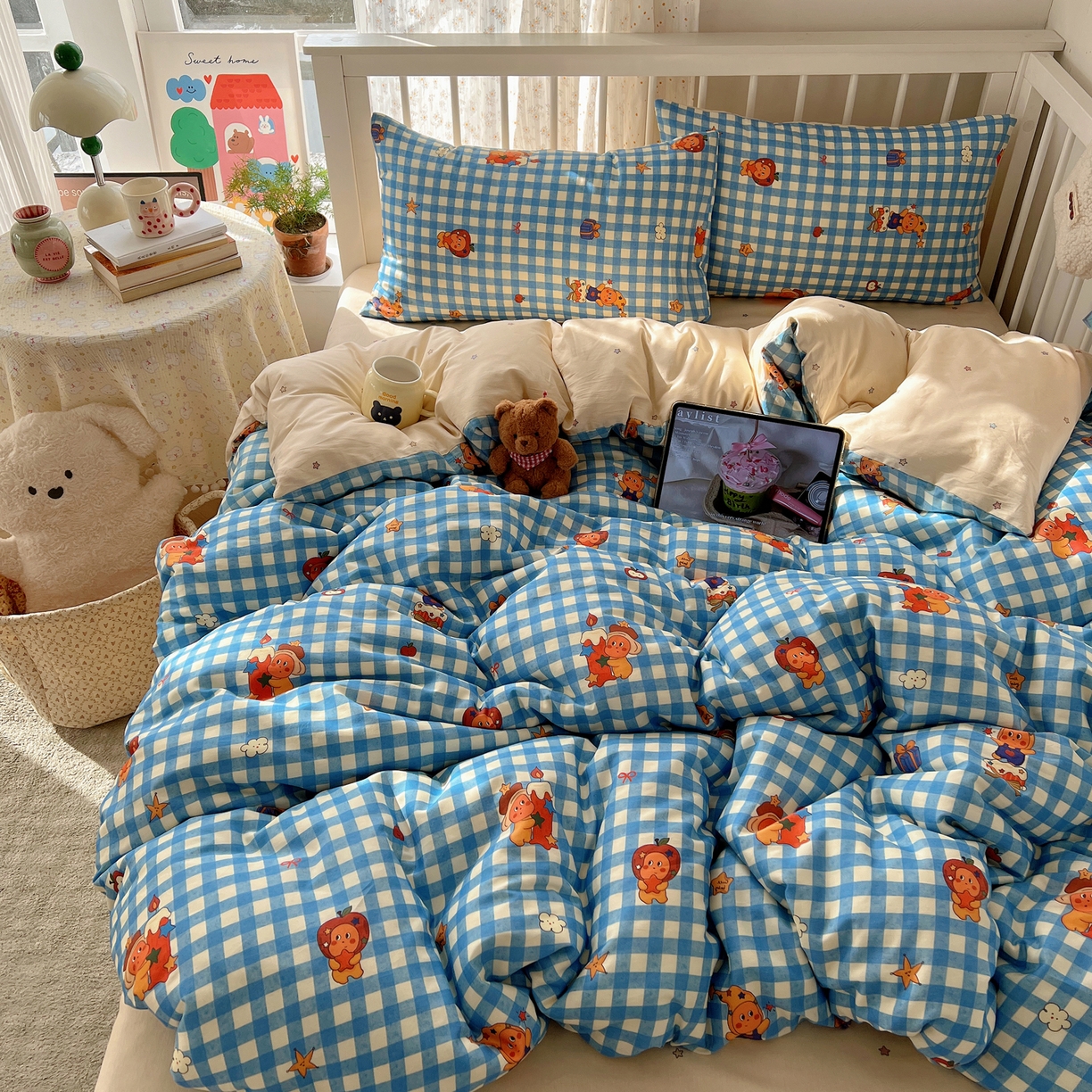 91家纺网 家纺一手货源 找家纺 桃喜 2026春夏新品全棉卡通学生三件套四件套 蓝格小星星