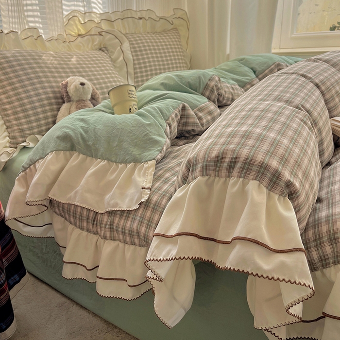 瑞莱（持续上新） 2026新款ins风色织水洗棉双层大花边四件套 里约绿