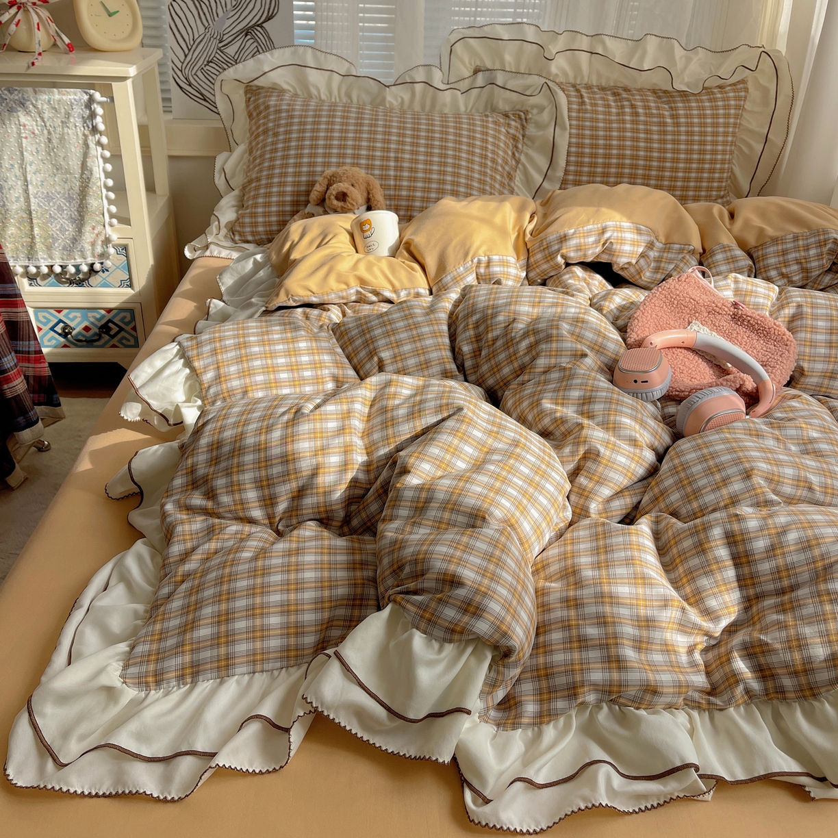 91家纺网 家纺一手货源 找家纺 （总）瑞莱（持续上新） 2026新款ins风色织水洗棉双层大花边四件套