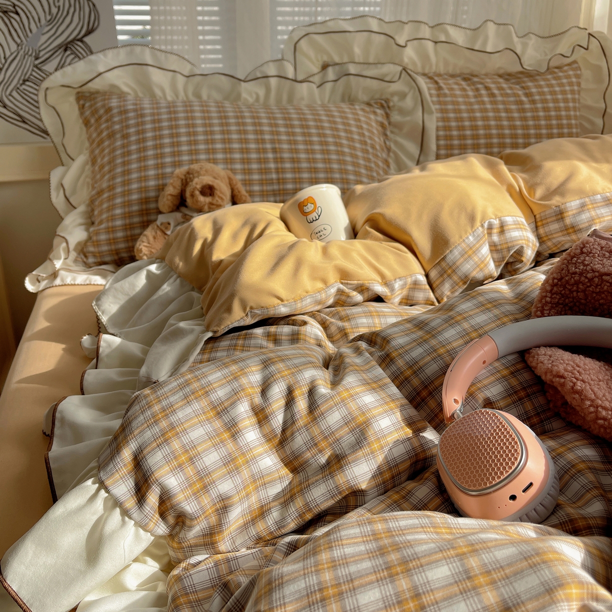 91家纺网 家纺一手货源 找家纺 （总）瑞莱（持续上新） 2026新款ins风色织水洗棉双层大花边四件套