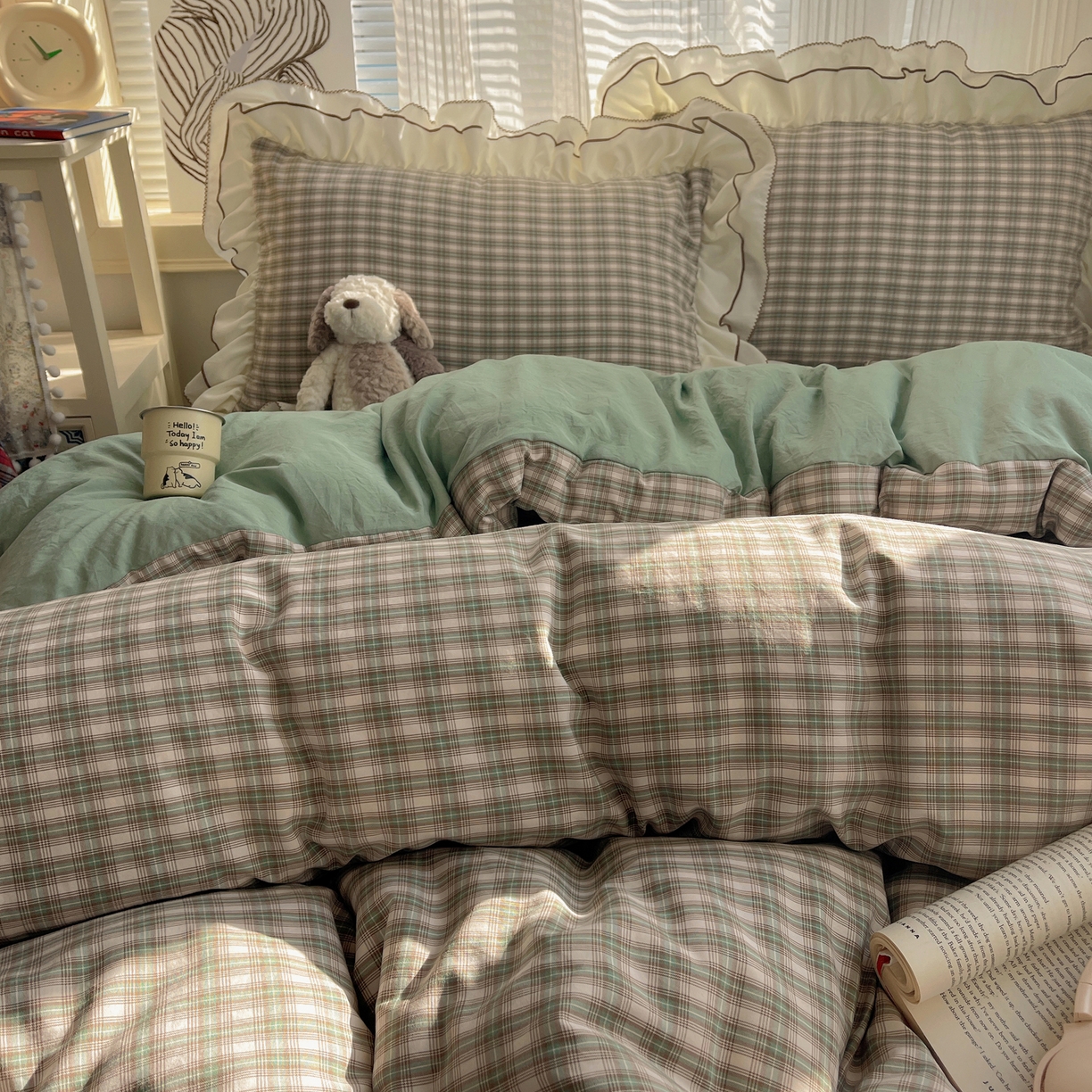 91家纺网 家纺一手货源 找家纺 瑞莱（持续上新） 2026新款ins风色织水洗棉双层大花边四件套 里约绿