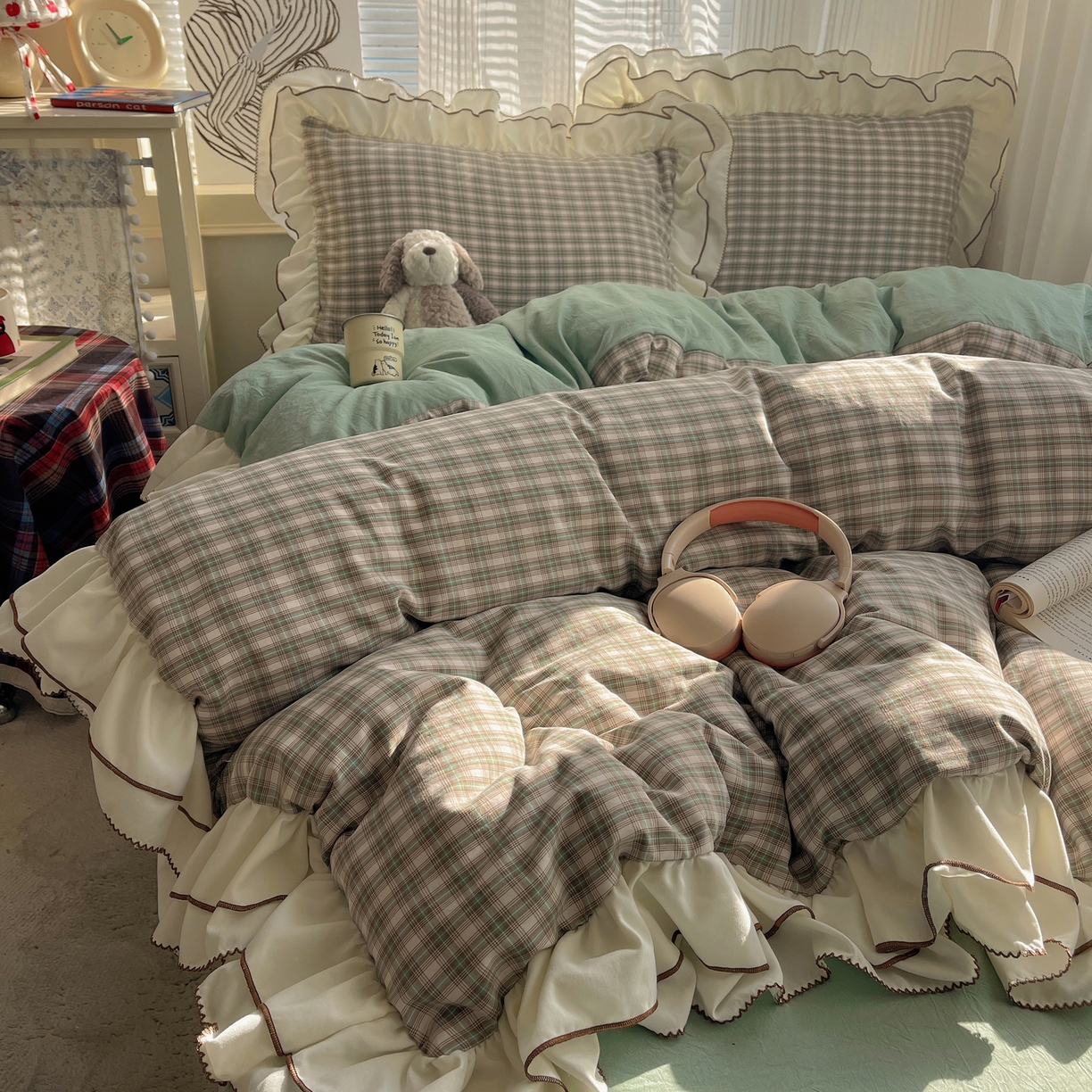 91家纺网 家纺一手货源 找家纺 瑞莱（持续上新） 2026新款ins风色织水洗棉双层大花边四件套 里约绿