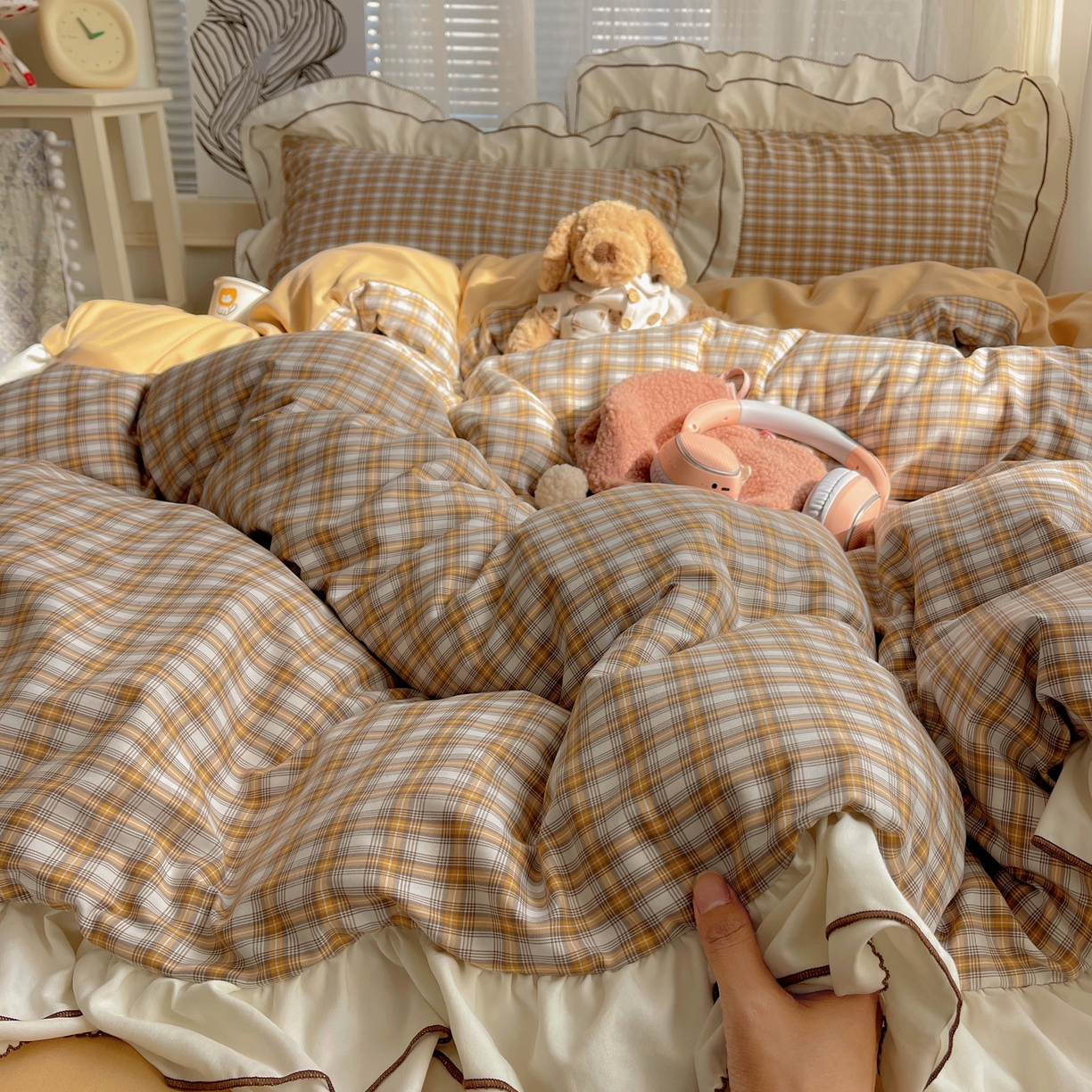 91家纺网 家纺一手货源 找家纺 瑞莱（持续上新） 2026新款ins风色织水洗棉双层大花边四件套 里约黄