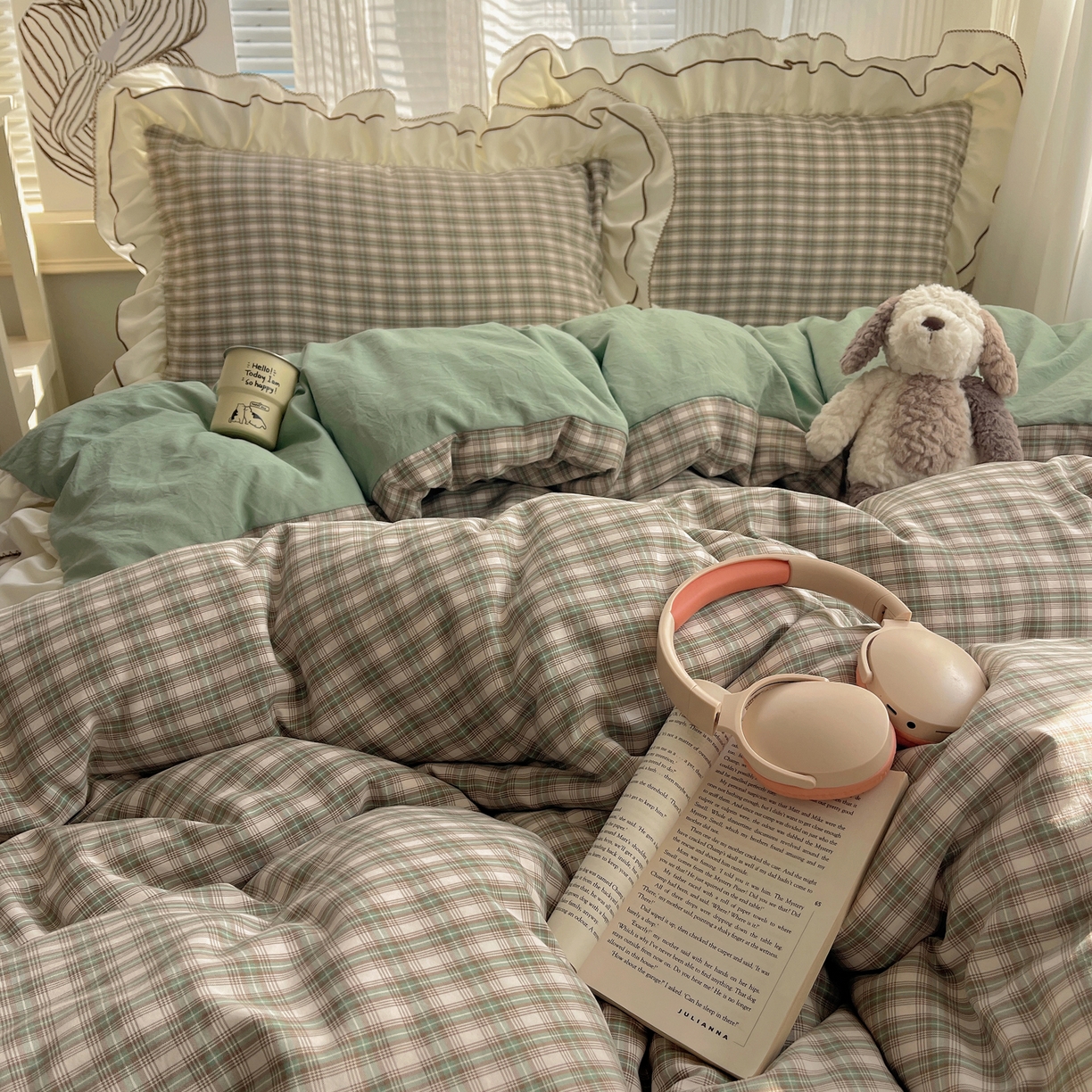 91家纺网 家纺一手货源 找家纺 瑞莱（持续上新） 2026新款ins风色织水洗棉双层大花边四件套 里约绿