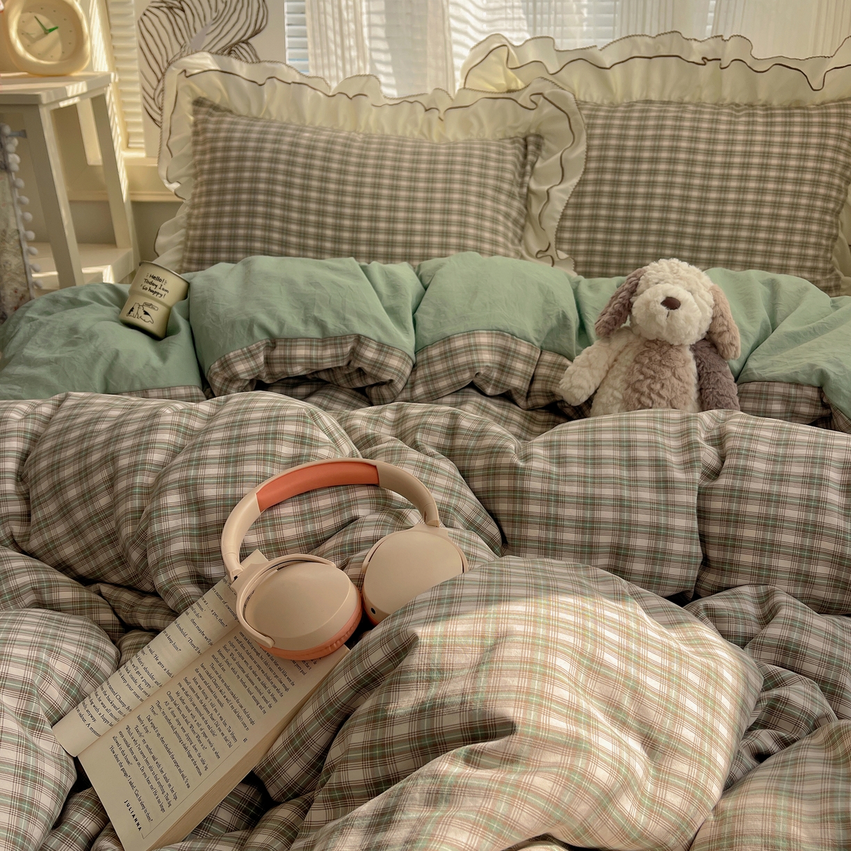 91家纺网 家纺一手货源 找家纺 瑞莱（持续上新） 2026新款ins风色织水洗棉双层大花边四件套 里约绿