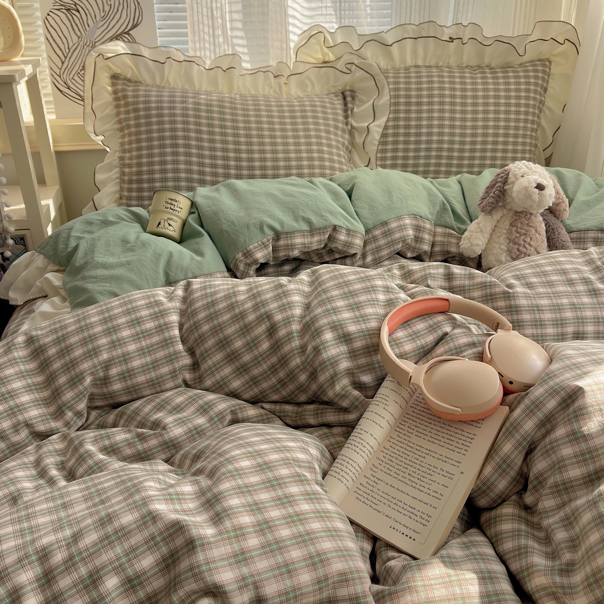 91家纺网 家纺一手货源 找家纺 瑞莱（持续上新） 2026新款ins风色织水洗棉双层大花边四件套 里约绿