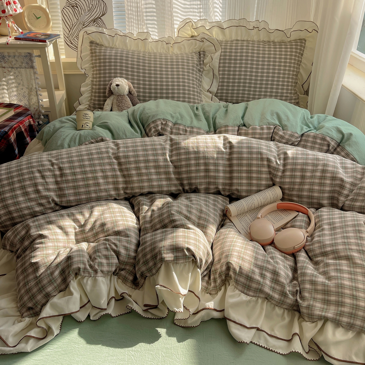 91家纺网 家纺一手货源 找家纺 瑞莱（持续上新） 2026新款ins风色织水洗棉双层大花边四件套 里约绿