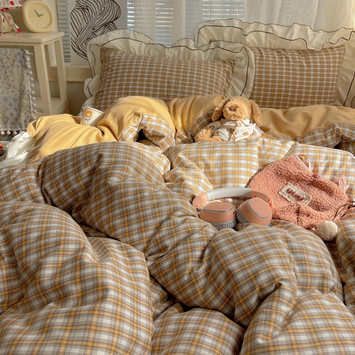 91家纺网 家纺一手货源 找家纺 瑞莱（持续上新） 2026新款ins风色织水洗棉双层大花边四件套 里约黄