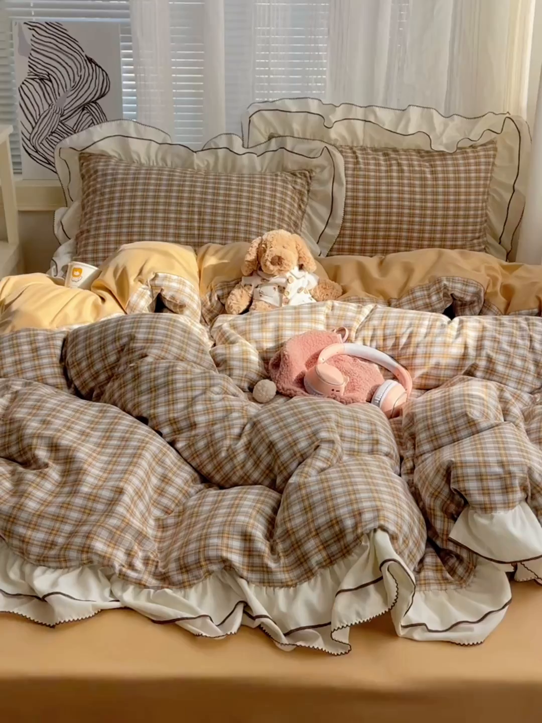 91家纺网 家纺一手货源 找家纺 瑞莱（持续上新） 2026新款ins风色织水洗棉双层大花边四件套 里约黄