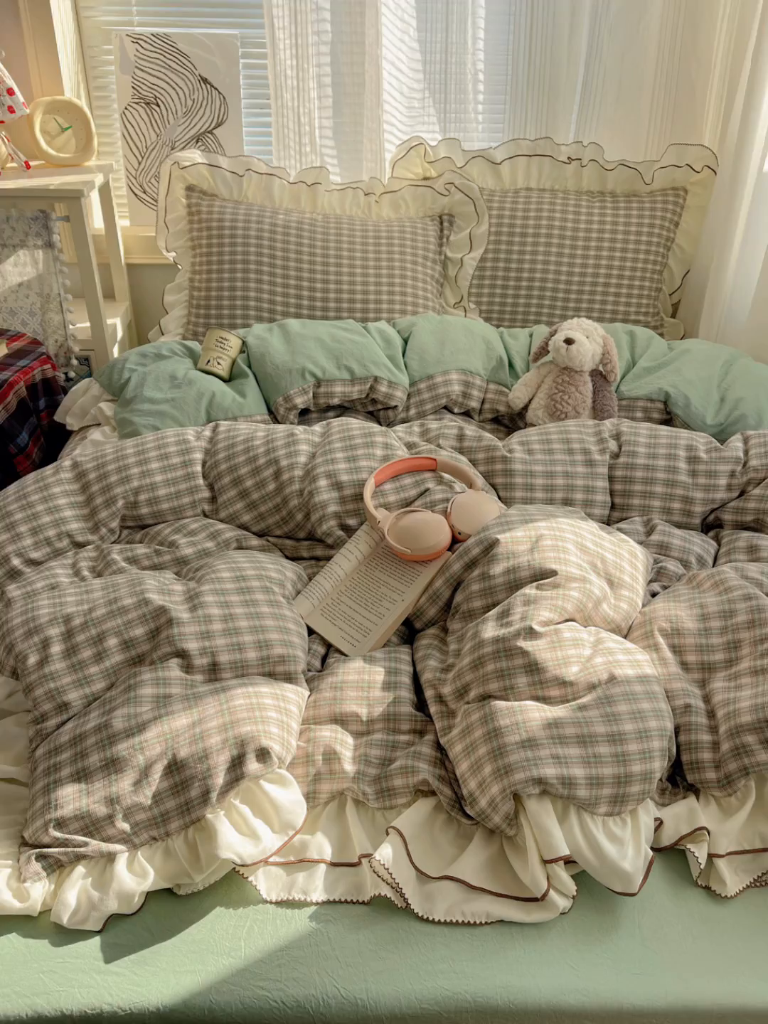 91家纺网 家纺一手货源 找家纺 瑞莱（持续上新） 2026新款ins风色织水洗棉双层大花边四件套 里约绿