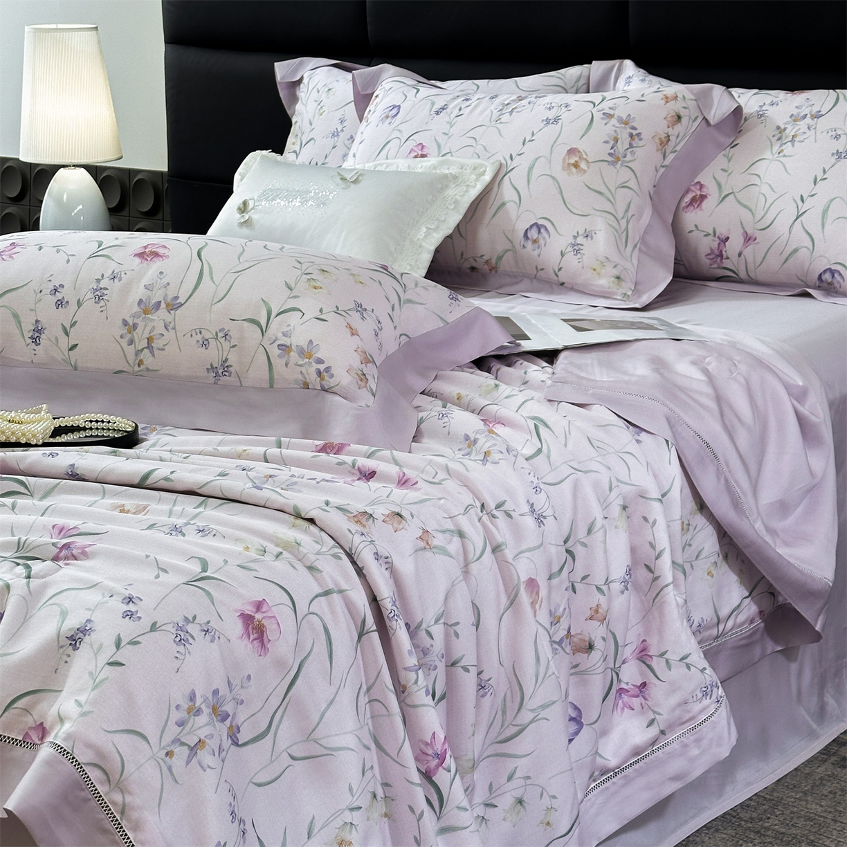 91家纺网 家纺一手货源 找家纺 朵希曼 2026新款50天丝镂空夏被四件套系列（控价：夏被四件套券后不低于299元)(小号控价不低于149 标准单夏被控价169，加大单夏被控价189) 花间春晓-粉