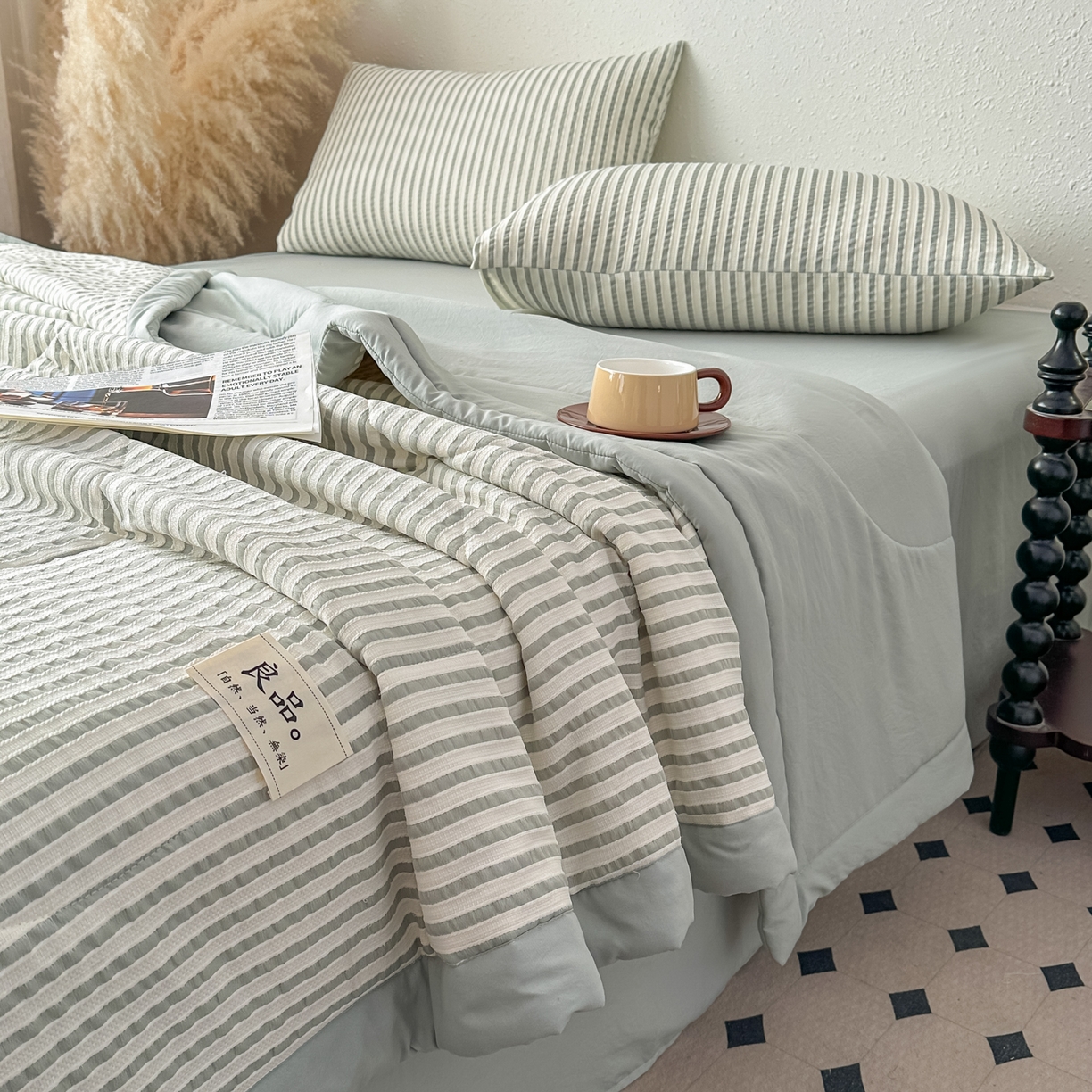 91家纺网 家纺一手货源 找家纺 尊妙被业 2026新款彩条色织100%新疆棉棉花被夏被夏凉被空调被被子被芯 良品色织 彩条绿