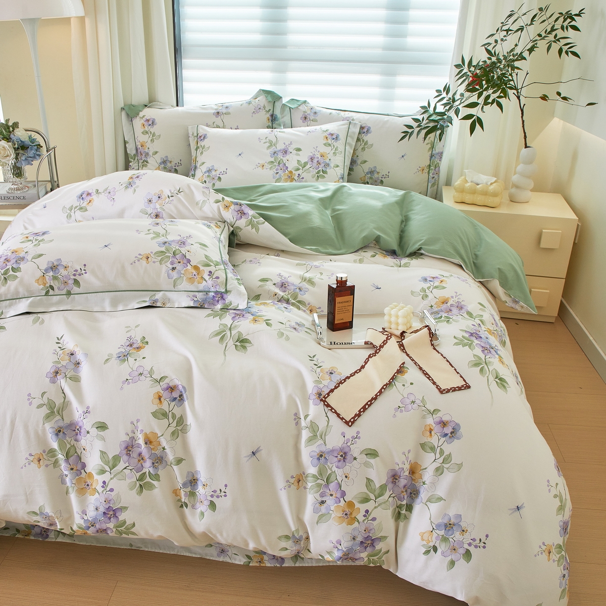 91家纺网 家纺一手货源 找家纺 启航家居 2026新款全棉铂金棉数码印花四件套 情谊绵绵绿