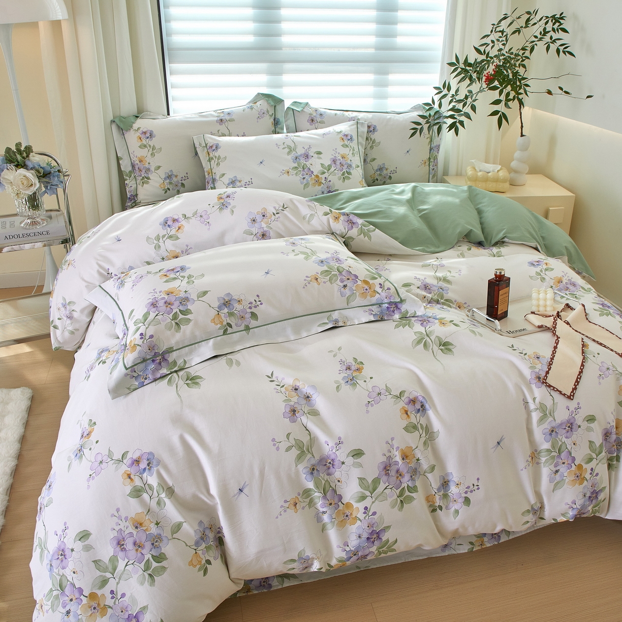 91家纺网 家纺一手货源 找家纺 启航家居 2026新款全棉铂金棉数码印花四件套 情谊绵绵绿