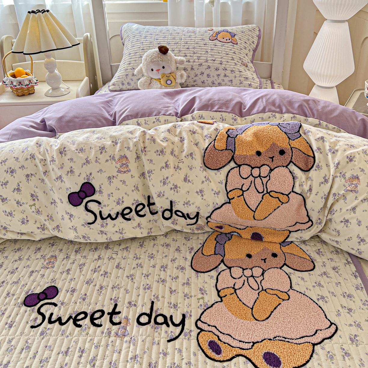 91家纺网 家纺一手货源 找家纺 （总）富米莱（原臻工厂） 2026新款仿棉小清新夹棉毛巾绣四季通用学生薄款床垫床褥三件套一跑量款