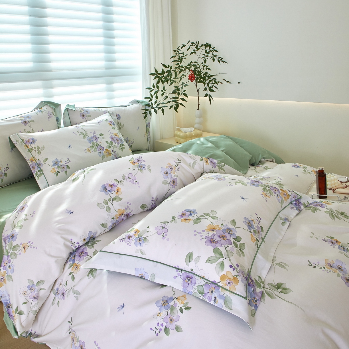 91家纺网 家纺一手货源 找家纺 启航家居 2026新款全棉铂金棉数码印花四件套 情谊绵绵绿