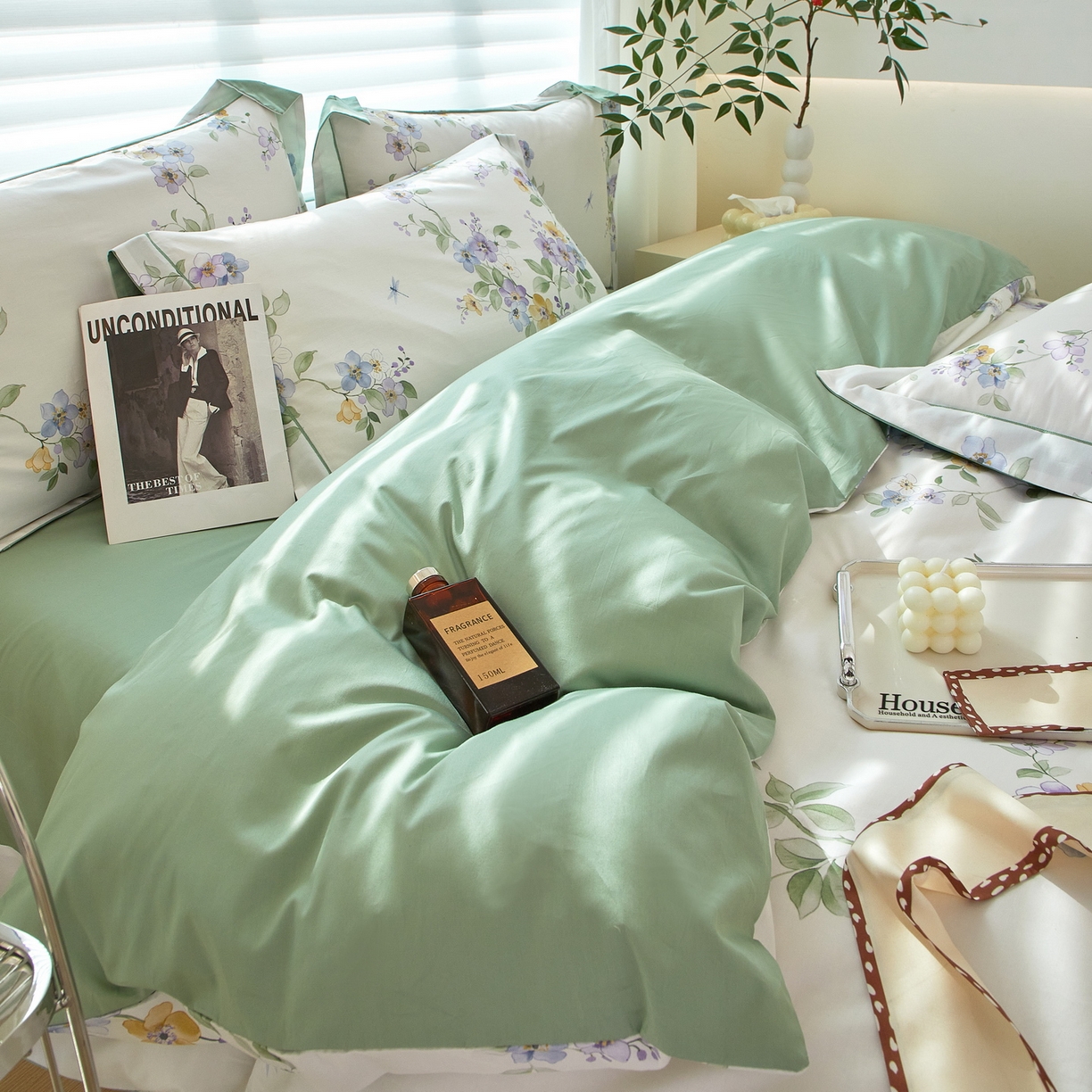 91家纺网 家纺一手货源 找家纺 启航家居 2026新款全棉铂金棉数码印花四件套 情谊绵绵绿