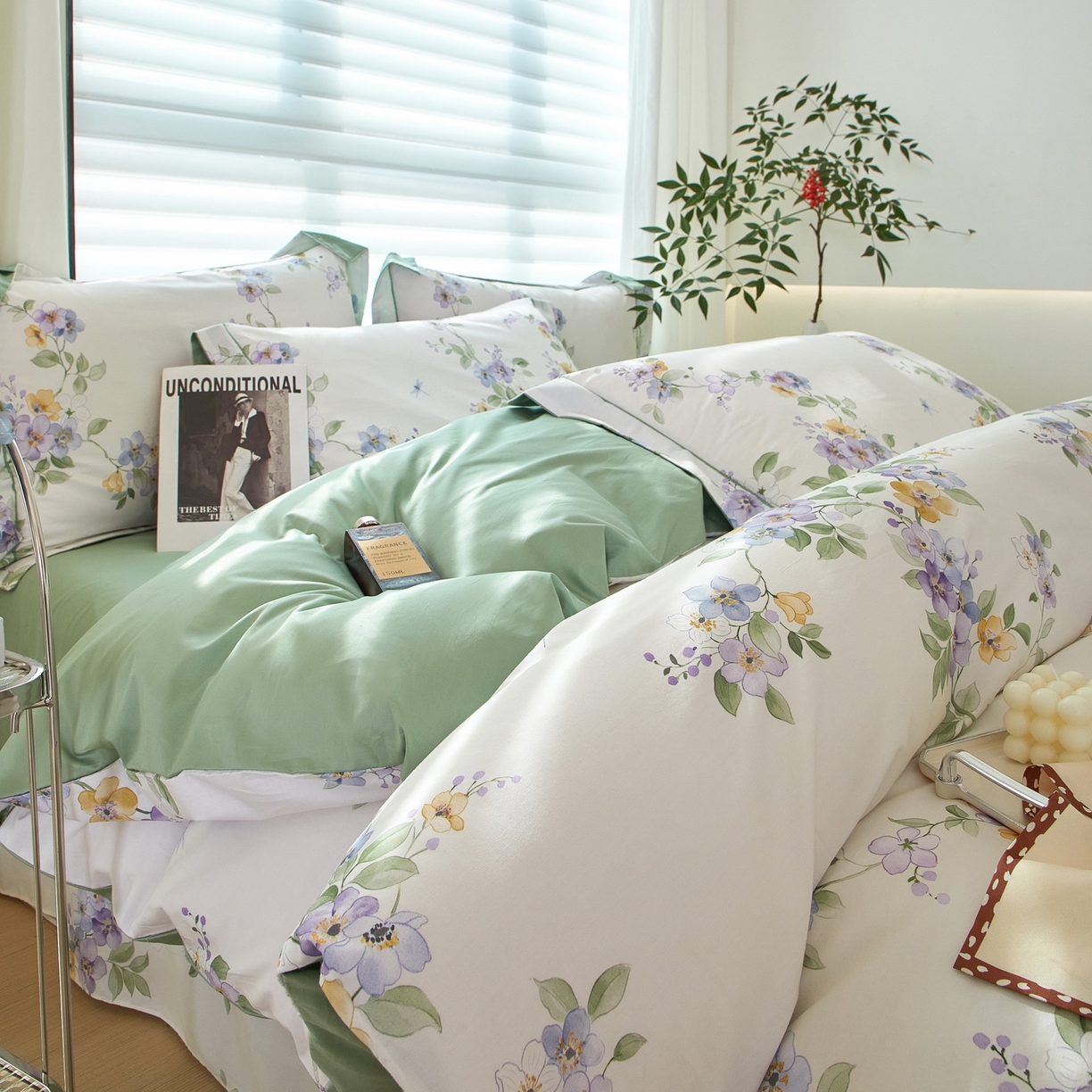 91家纺网 家纺一手货源 找家纺 启航家居 2026新款全棉铂金棉数码印花四件套 情谊绵绵绿