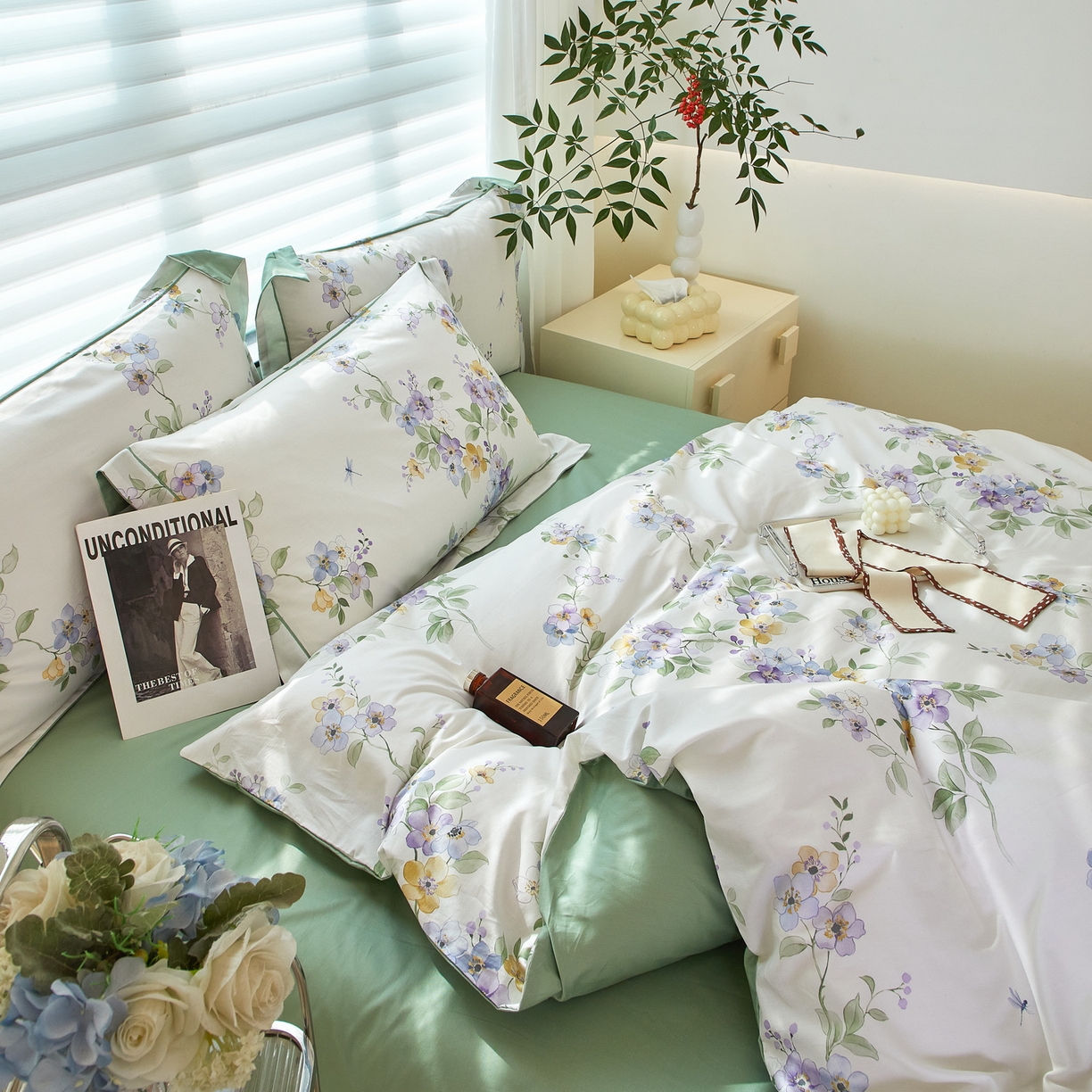 91家纺网 家纺一手货源 找家纺 启航家居 2026新款全棉铂金棉数码印花四件套 情谊绵绵绿