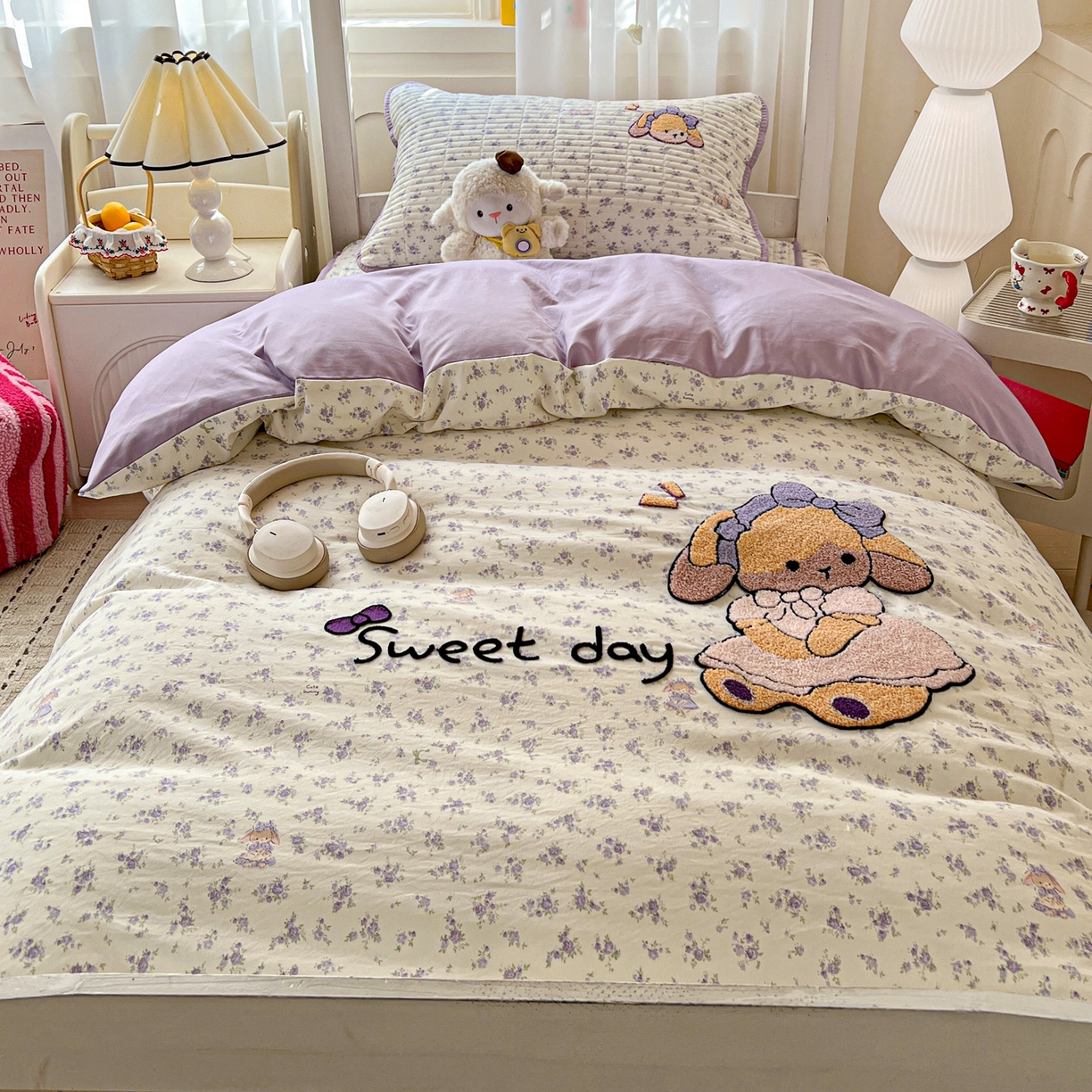 91家纺网 家纺一手货源 找家纺 富米莱（原臻工厂） 2026新款仿棉小清新夹棉毛巾绣四季通用学生薄款床垫床褥三件套一跑量款 安妮女孩