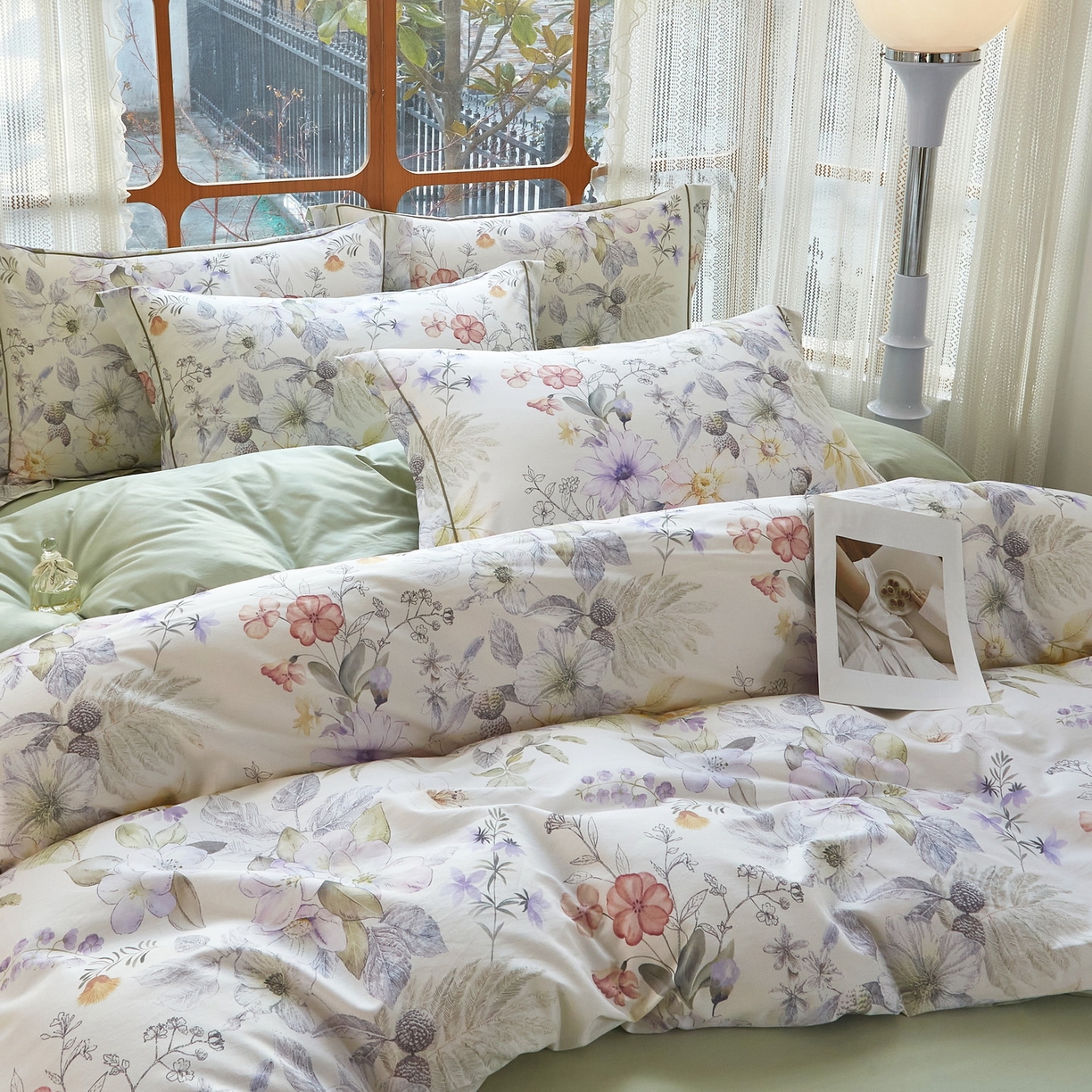 91家纺网 家纺一手货源 找家纺 启航家居 2026新款全棉铂金棉数码印花四件套 润花琴丝绿