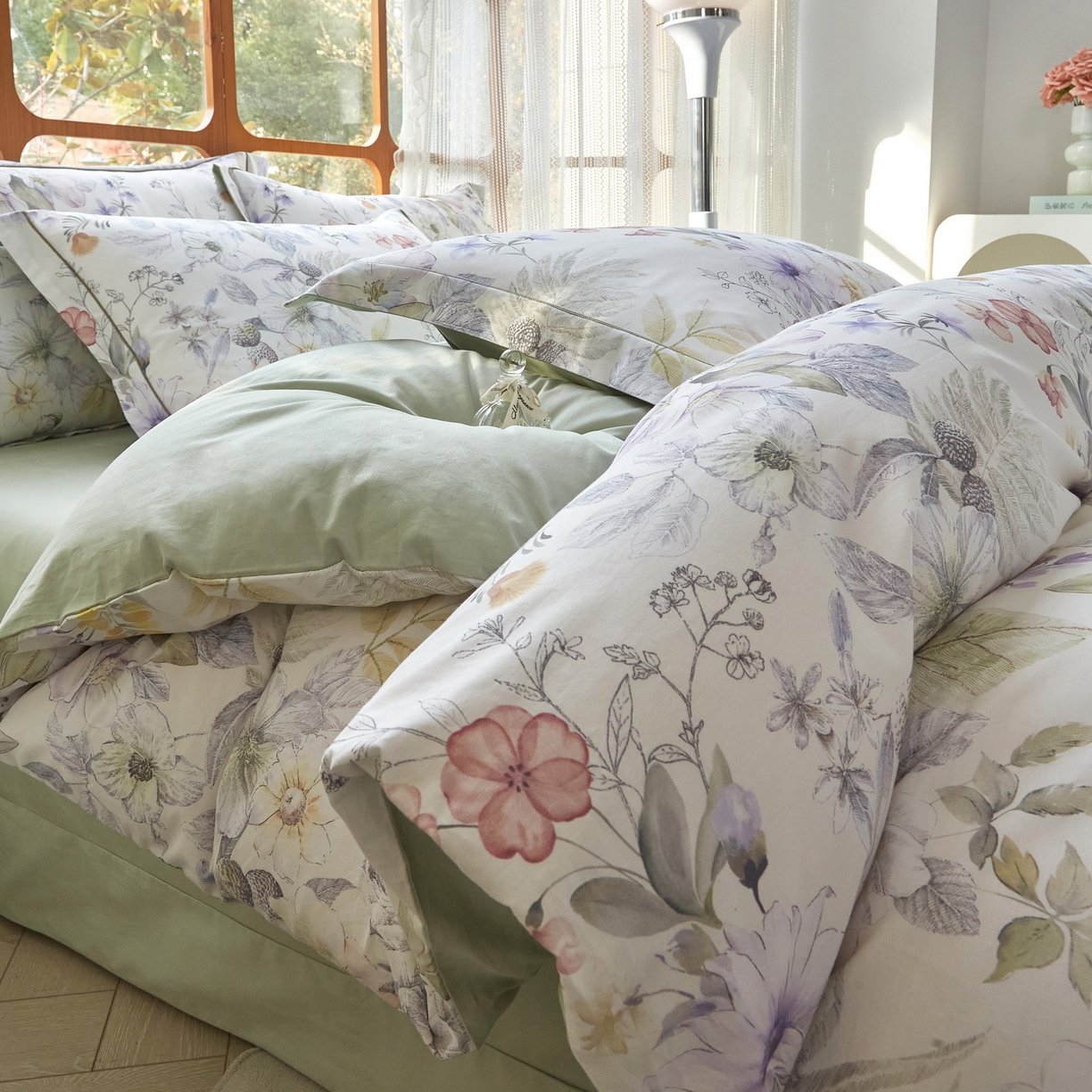 91家纺网 家纺一手货源 找家纺 启航家居 2026新款全棉铂金棉数码印花四件套 润花琴丝绿