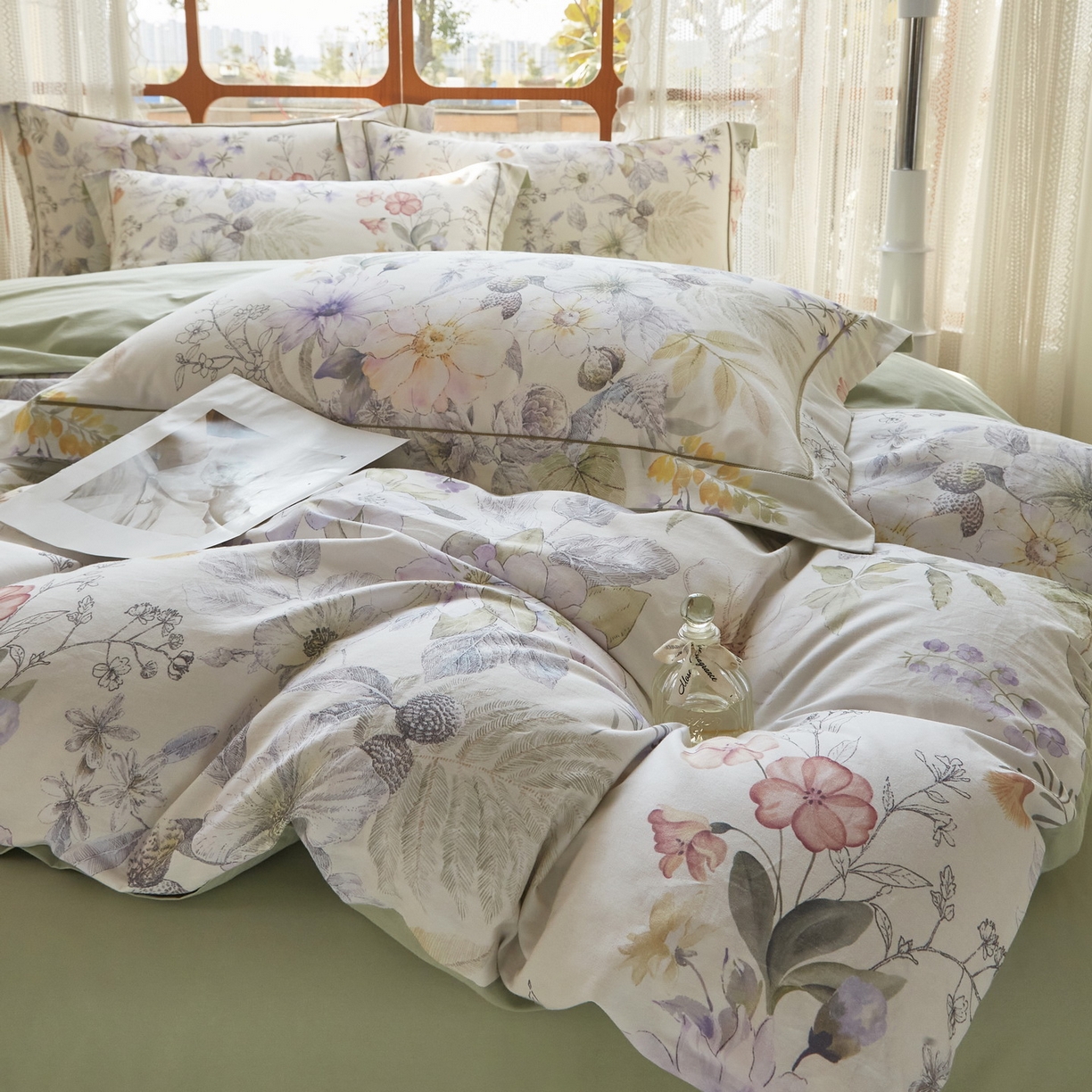 91家纺网 家纺一手货源 找家纺 启航家居 2026新款全棉铂金棉数码印花四件套 润花琴丝绿