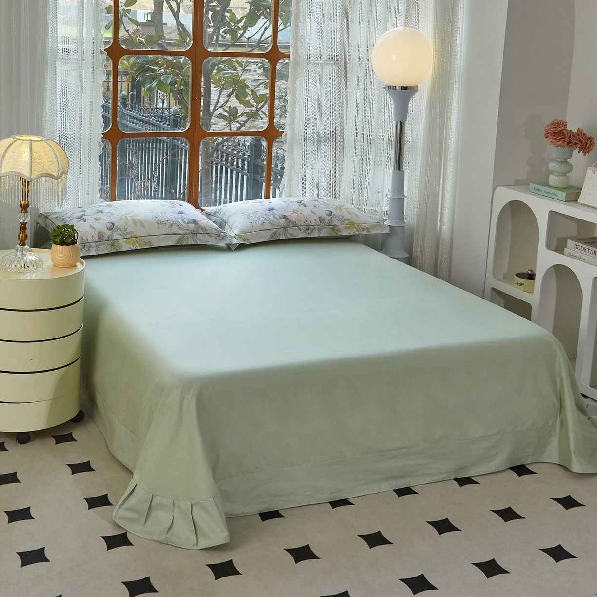 91家纺网 家纺一手货源 找家纺 启航家居 2026新款全棉铂金棉数码印花四件套 润花琴丝绿