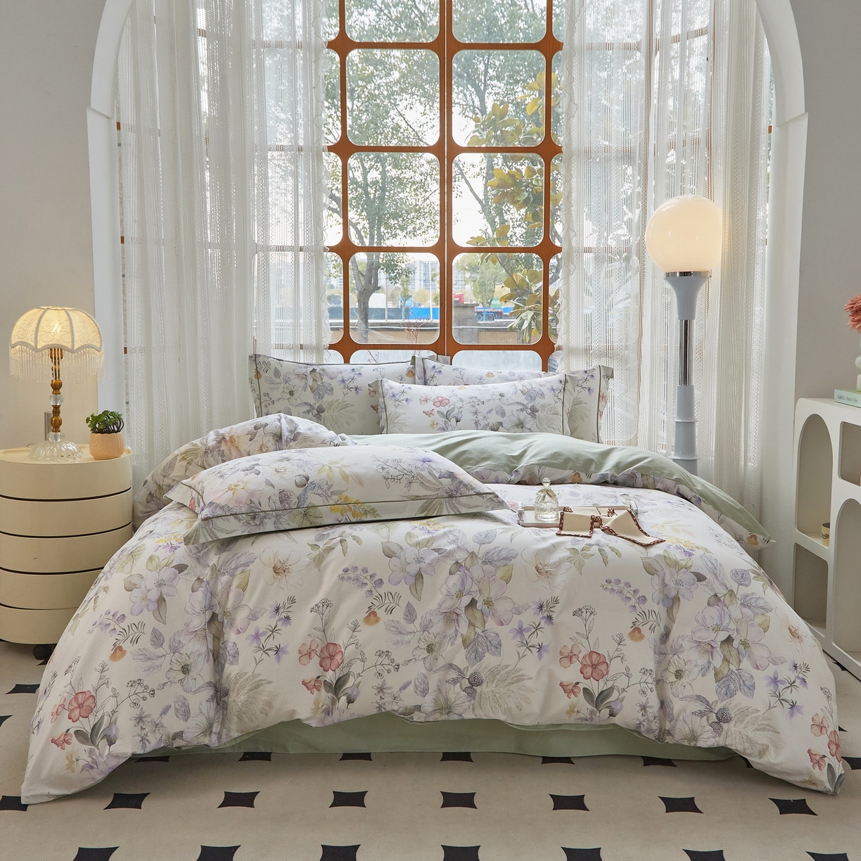 91家纺网 家纺一手货源 找家纺 启航家居 2026新款全棉铂金棉数码印花四件套 润花琴丝绿