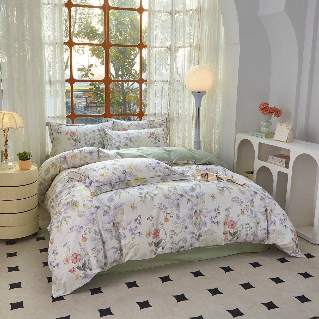 91家纺网 家纺一手货源 找家纺 启航家居 2026新款全棉铂金棉数码印花四件套 润花琴丝绿