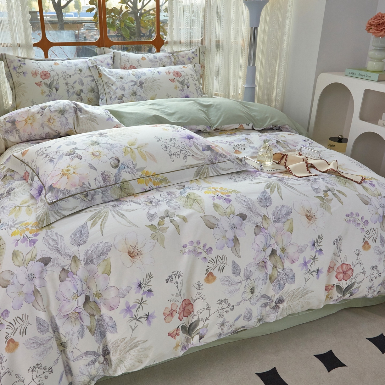 91家纺网 家纺一手货源 找家纺 启航家居 2026新款全棉铂金棉数码印花四件套 润花琴丝绿