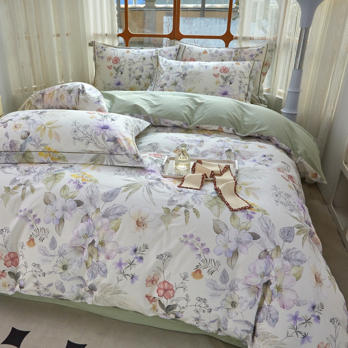 91家纺网 家纺一手货源 找家纺 启航家居 2026新款全棉铂金棉数码印花四件套 润花琴丝绿