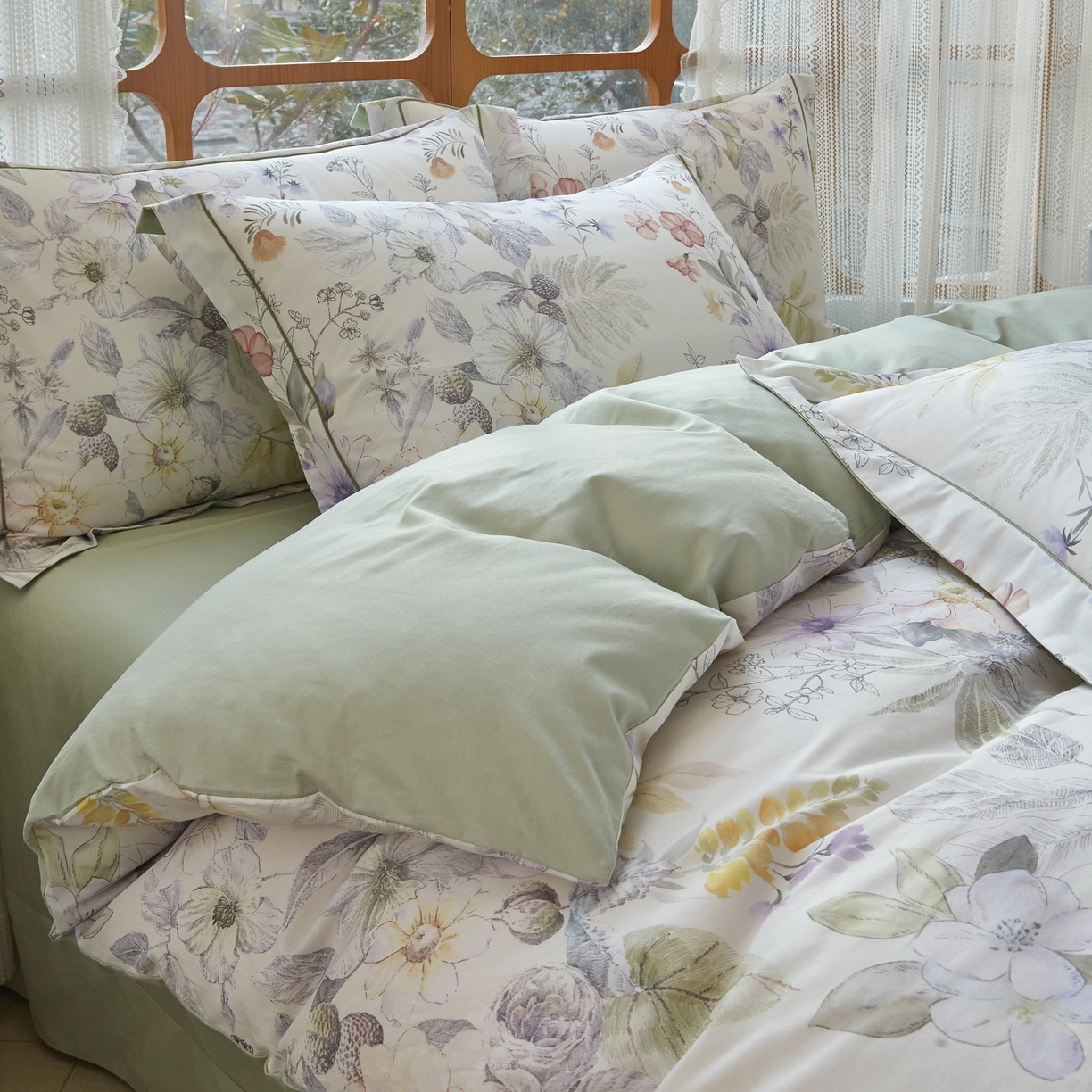 91家纺网 家纺一手货源 找家纺 启航家居 2026新款全棉铂金棉数码印花四件套 润花琴丝绿